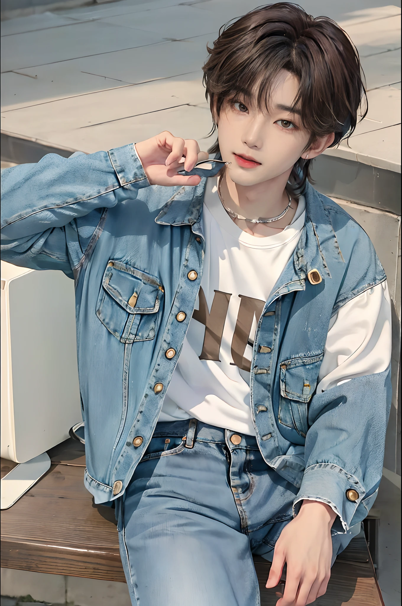 ((4K works))、​masterpiece、（top-quality)、((high-level image quality))、((One Manly Boy))、Slim body、((Jeans Fashion))、((Men's Fashion))、((Holding a backpack and iPhone in hand))、(Detailed beautiful eyes)、In a fashionable city、Sitting on the curb and listening to music、Face similar to Chaewon in Ruseraphim、((short hair above the ears))、((Smaller face))、((Neutral face))、((Light brown eyes))、((Korean boy))、((18year old))、((Handsome man))、((Smiling expression))、((Korean Makeup))、((elongated and sharp eyes))、((photo of a model))、((Like a celebrity))、Professional Photos、((Shot alone))、((Sitting on the curb and listening to music through headphones))、((He sits in front of the viewer))、((Shot diagonally up from the front))、((Hold your iPhone in your hand and look at the iPhone screen))