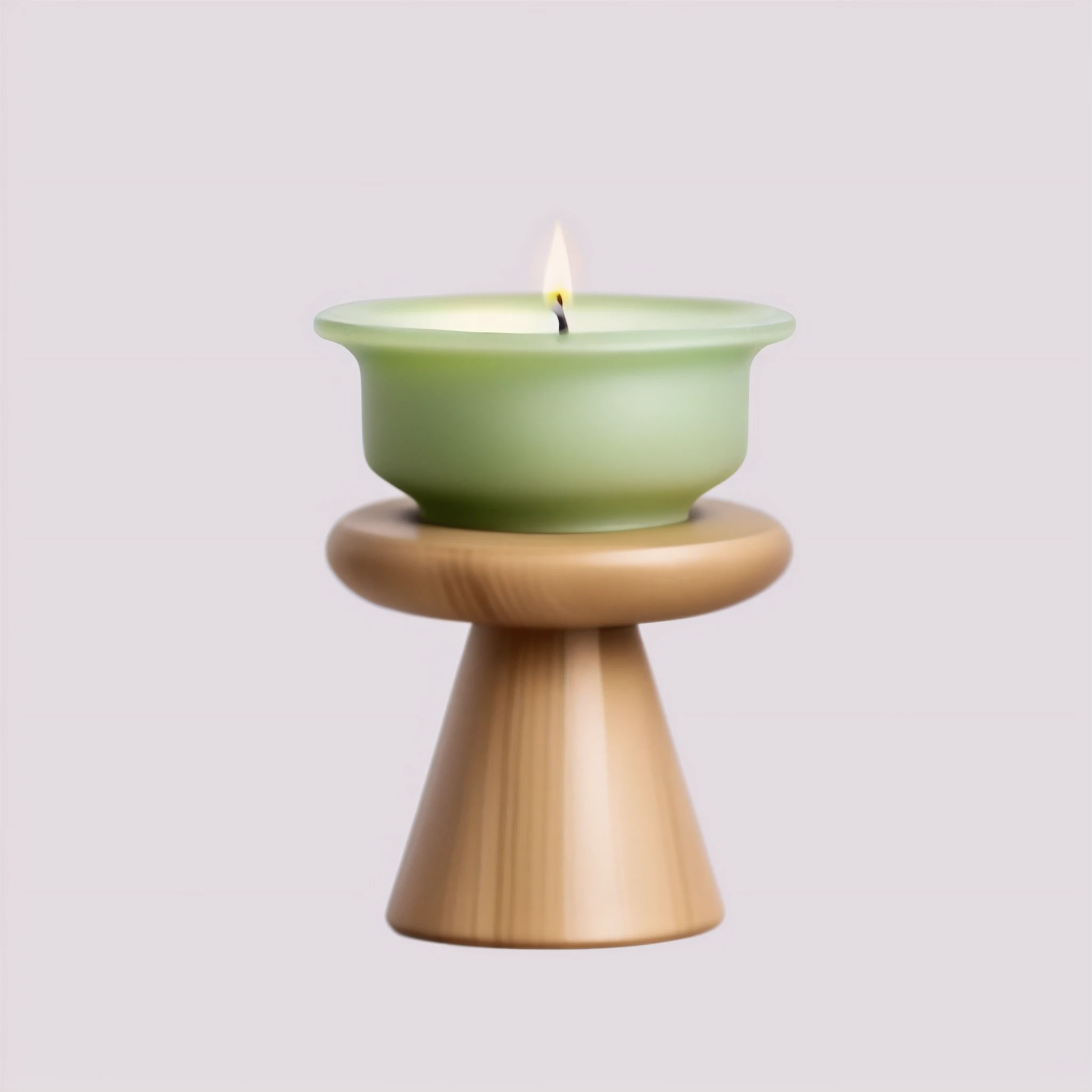 On the wooden shelf is a small green candle, Candle, on a candle holder, holding a candle holder, verde claro,  16k,with celadon glaze,high quality product photo,