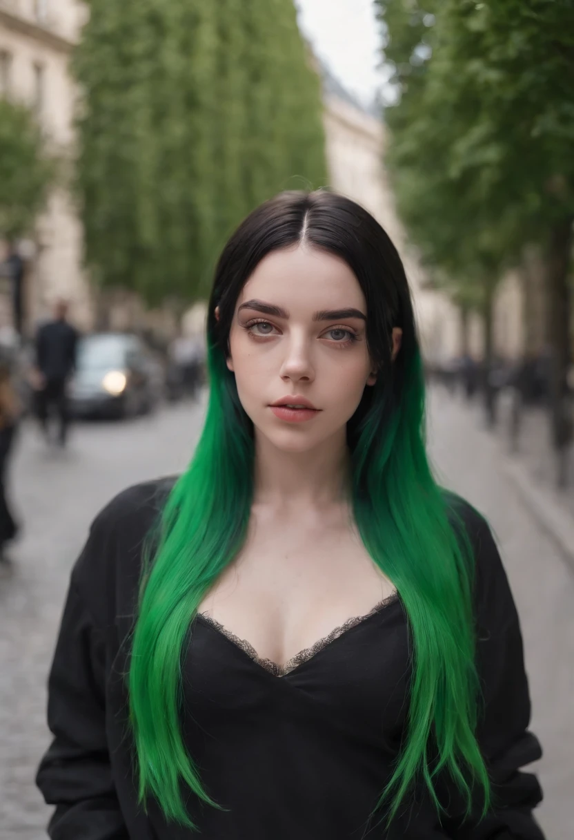 Beautiful girl looks like Billie Eilish, sexy Figur, sexy Pose, Hot clothes, green and black hair, beauty face, walking in paris