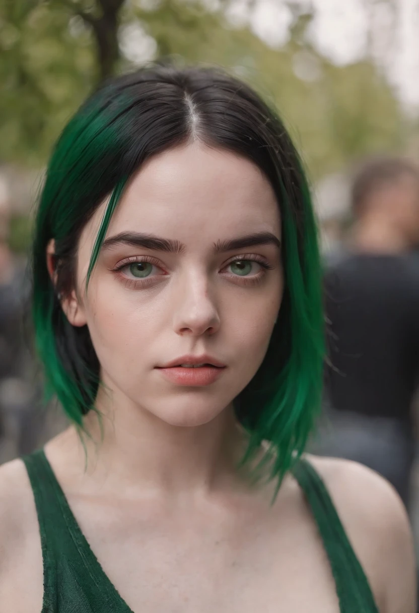 Beautiful girl looks like Billie Eilish, sexy Figur, sexy Pose, Hot clothes, green and black hair, beauty face, walking in paris