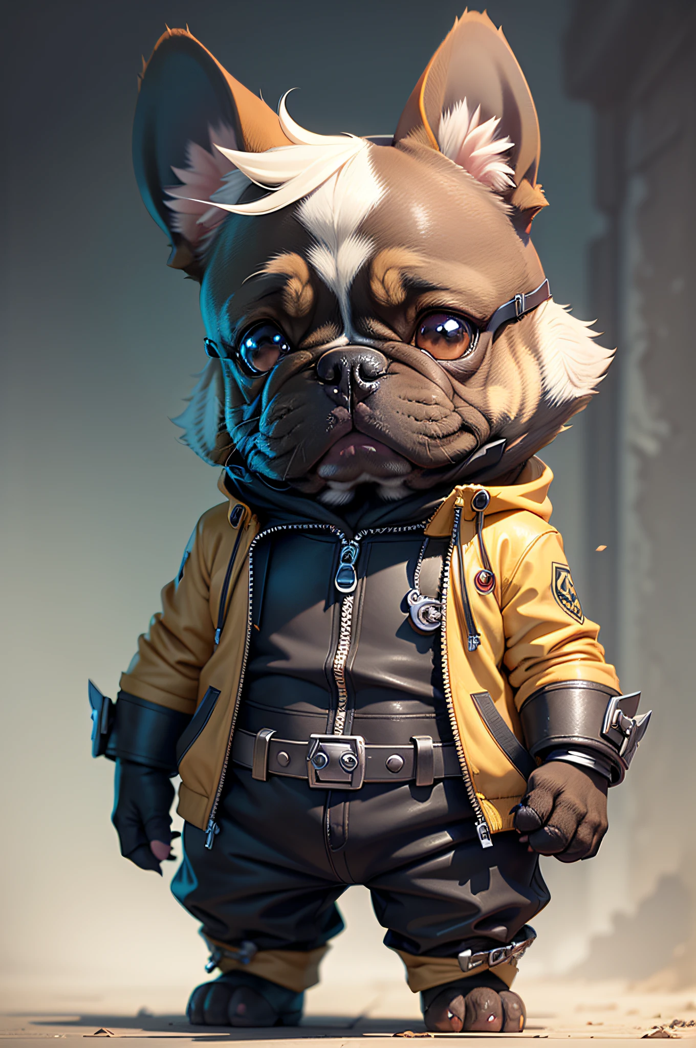 C4tt4stic,Cartoon French bulldog dog in iron body suit(The specifics of the appearance of the French Bulldog、Body hair is black