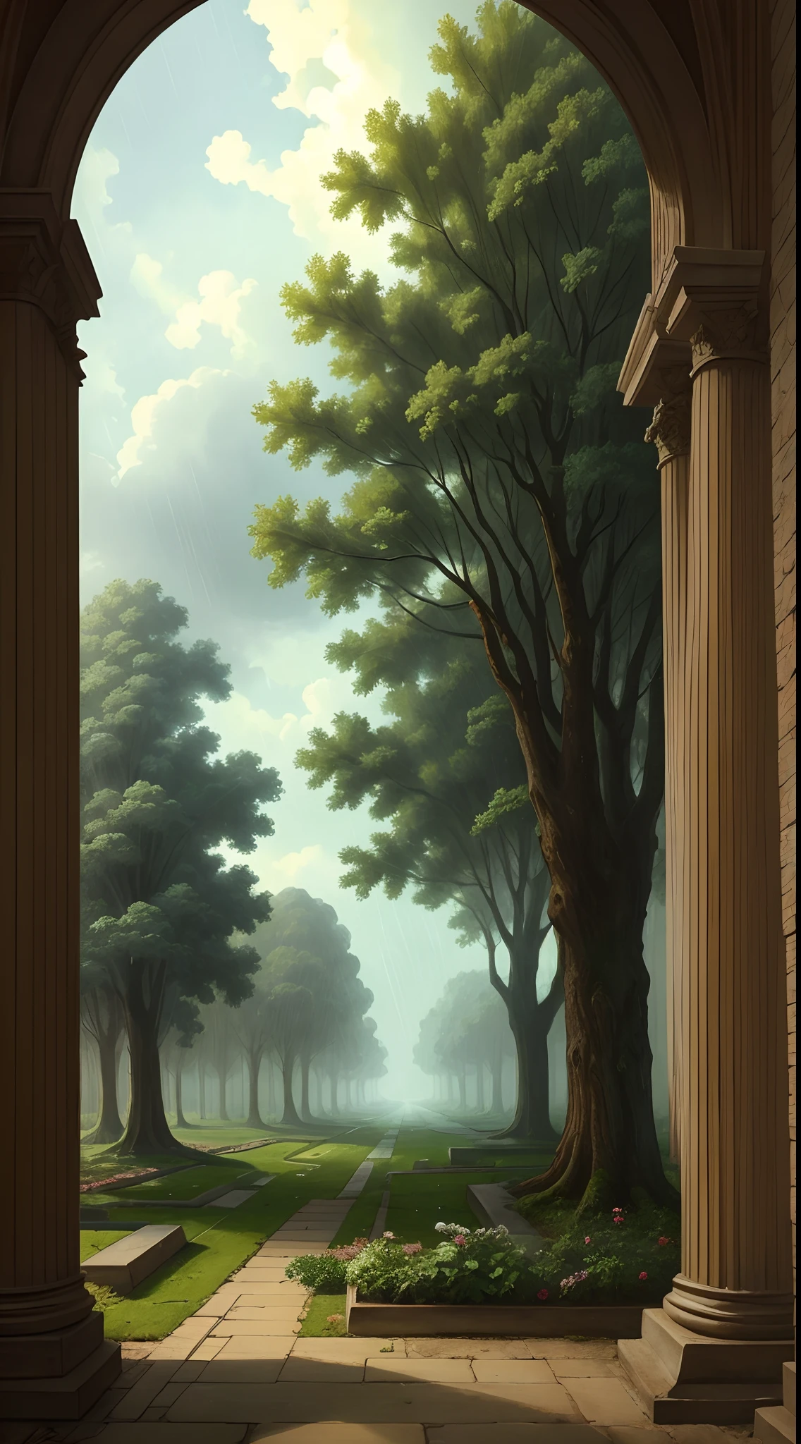 Trees and plants every were, it is raining, clouds in the sky, classical art