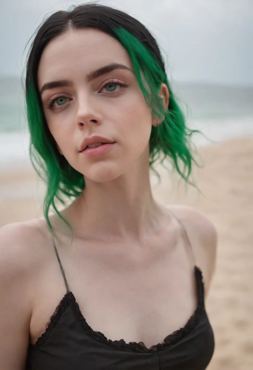 Beautiful girl looks like Billie Eilish, sexy Figur, sexy Pose, Hot clothes, green and black hair, beauty face, at the beach