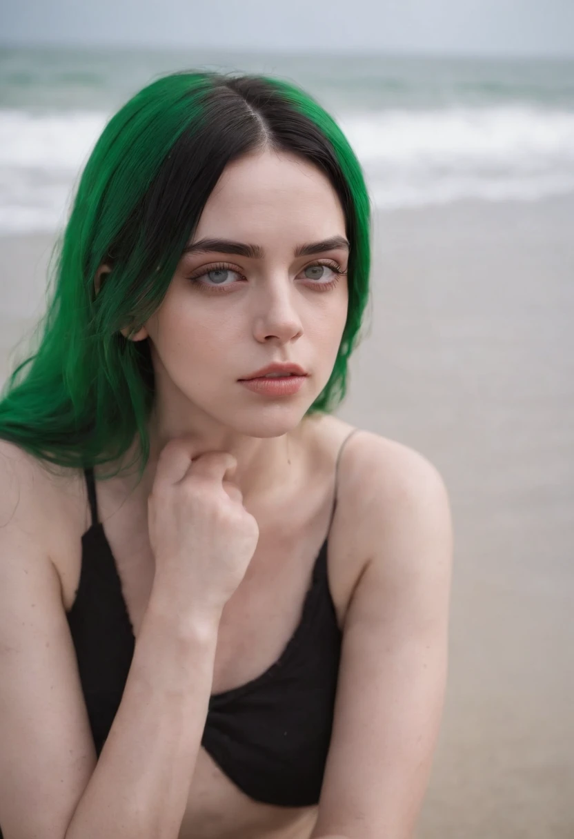 Beautiful girl looks like Billie Eilish, sexy Figur, sexy Pose, Hot clothes, green and black hair, beauty face, at the beach