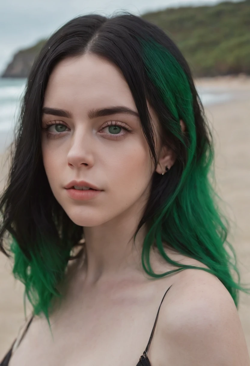 Beautiful girl looks like Billie Eilish, sexy Figur, sexy Pose, Hot clothes, green and black hair, beauty face, at the beach