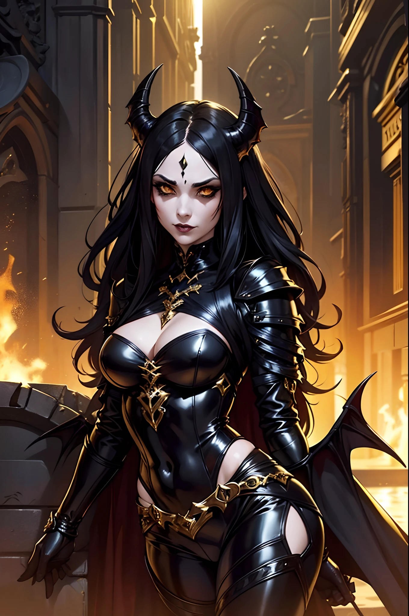 A female succubus in black and gold gothic armor, asas de morcego, linda, cabelo liso, manto, goth outfit, alluring facial expression, female demon, entardecer, Gothic city.