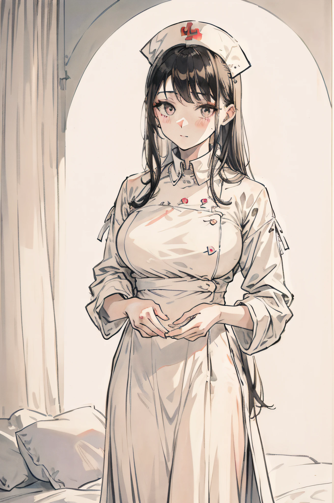 infirmary, curtains, 1girl, nurse, white dress,, masterpiece, best quality, highly detailed