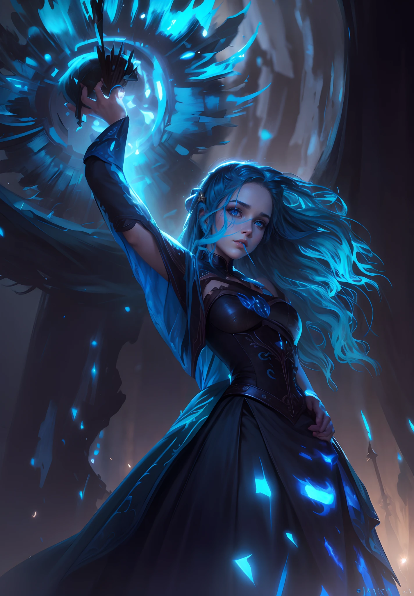 Por ser de filme/livro de fantasia, garota de vestido preto e cabelo azul sombras por toda parte, cabelo azul/safira, Stakes driven into the ground, poder, estrela, spark, fogo