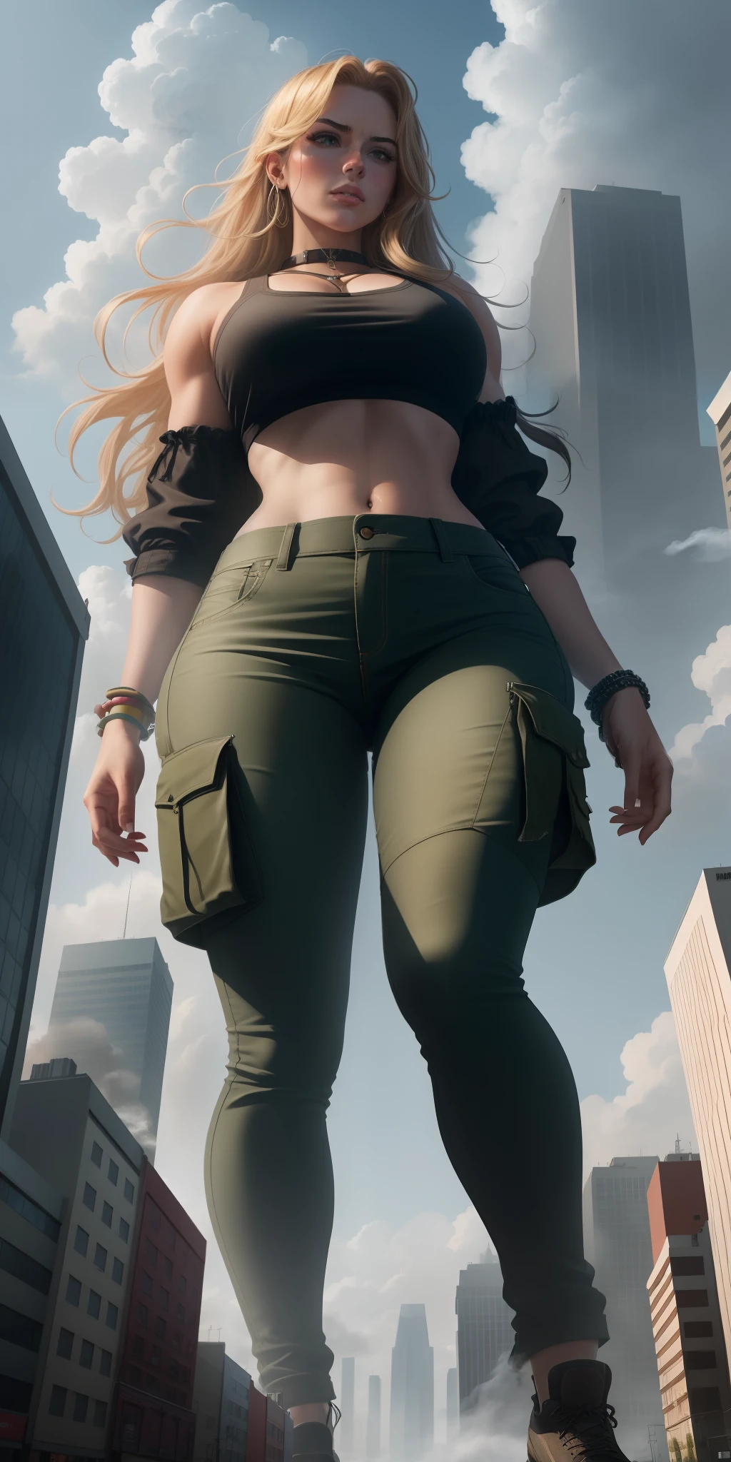 "A towering Giantess in a cool and laid-back hippie style is rocking a crop top and cargo pants. Her toned and athletic build hints at her massive strength. She seems to be casually strolling through the bustling cityscape of GTS City, as towering buildings loom overhead. Smoke and clouds roil around her, adding to the sense of epic scale and drama. The lighting is dark, gloomy, and realistic, creating a tense and ominous atmosphere. The perspective is from below, emphasizing the sheer majesty and power of the Giantess."