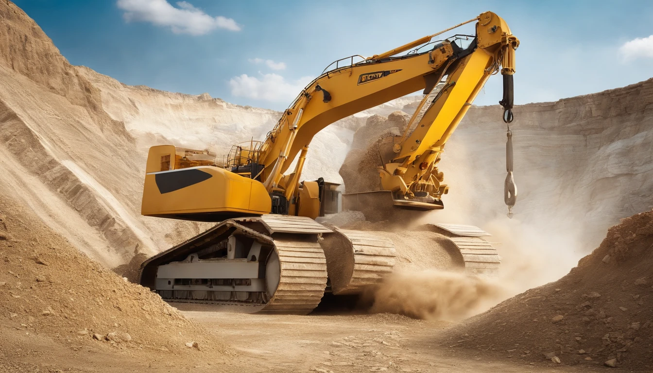 (best quality,4k,8k,highres,masterpiece:1.2),ultra-detailed,(realistic,photorealistic,photo-realistic:1.37),excavation loader lifting heavy block of marble in quarry,marble texture,construction machinery,cutting-edge technology,massive stone,industrial work of art,precise movements,immense power,highly skilled operators,vibrant yellow body,streamlined design,astounding tonnage,marble dust,drilling holes,crane lifting,rock fragments,efficiency and strength,impressive size and weight,quarry landscape,blue sky background,hardworking workers,echoes of machinery,roaring engine,industrial energy,reflections on the polished surface,raw material extraction,powerful hydraulic system,dust-free operation,crisscrossing steel cables,breathtaking view,noise and vibrations,cutting-edge technology,majestic presence