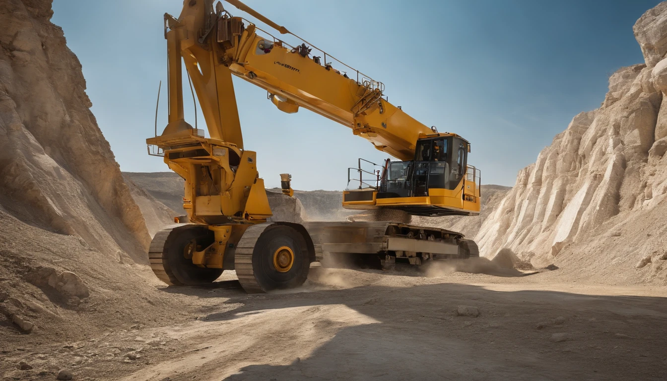 (best quality,4k,8k,highres,masterpiece:1.2),ultra-detailed,(realistic,photorealistic,photo-realistic:1.37),excavation loader lifting heavy block of marble in quarry,marble texture,construction machinery,cutting-edge technology,massive stone,industrial work of art,precise movements,immense power,highly skilled operators,vibrant yellow body,streamlined design,astounding tonnage,marble dust,drilling holes,crane lifting,rock fragments,efficiency and strength,impressive size and weight,quarry landscape,blue sky background,hardworking workers,echoes of machinery,roaring engine,industrial energy,reflections on the polished surface,raw material extraction,powerful hydraulic system,dust-free operation,crisscrossing steel cables,breathtaking view,noise and vibrations,cutting-edge technology,majestic presence