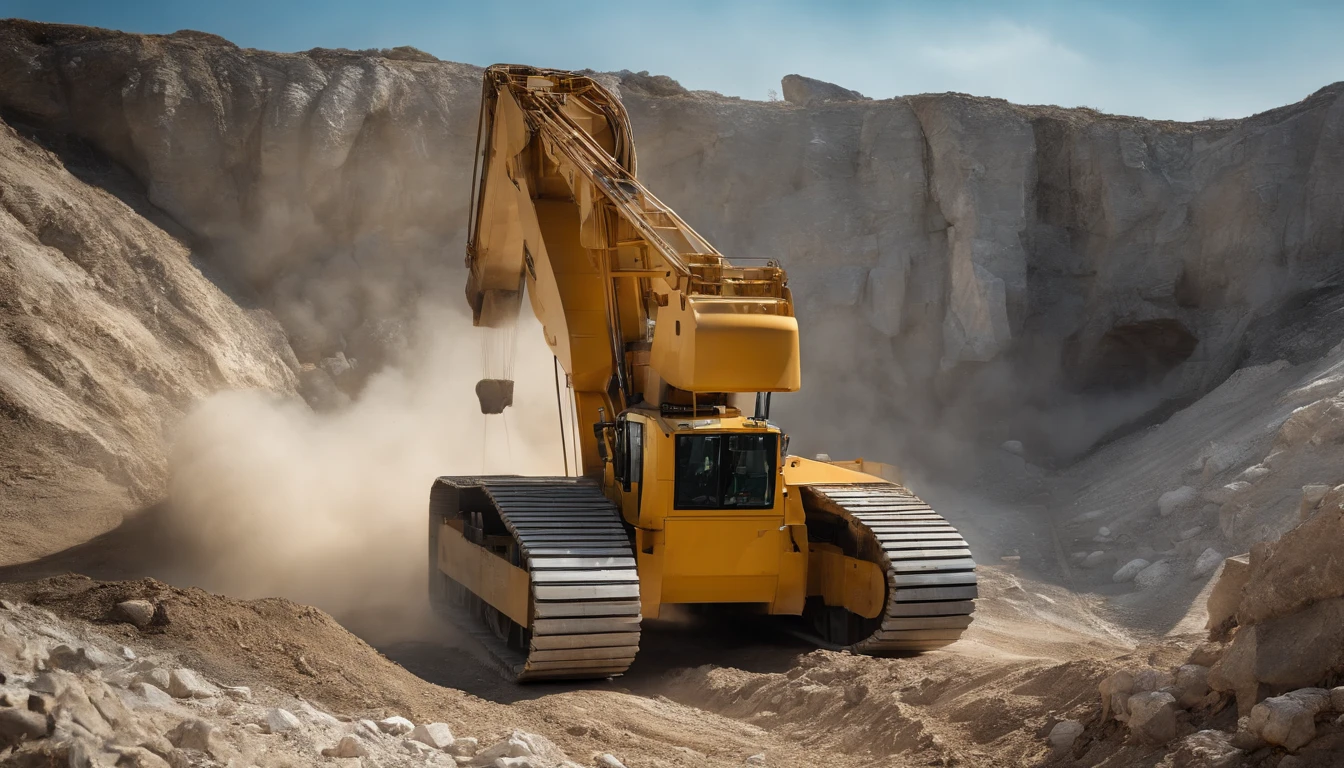 (best quality,4k,8k,highres,masterpiece:1.2),ultra-detailed,(realistic,photorealistic,photo-realistic:1.37),excavation loader lifting heavy block of marble in quarry,marble texture,construction machinery,cutting-edge technology,massive stone,industrial work of art,precise movements,immense power,highly skilled operators,vibrant yellow body,streamlined design,astounding tonnage,marble dust,drilling holes,crane lifting,rock fragments,efficiency and strength,impressive size and weight,quarry landscape,blue sky background,hardworking workers,echoes of machinery,roaring engine,industrial energy,reflections on the polished surface,raw material extraction,powerful hydraulic system,dust-free operation,crisscrossing steel cables,breathtaking view,noise and vibrations,cutting-edge technology,majestic presence