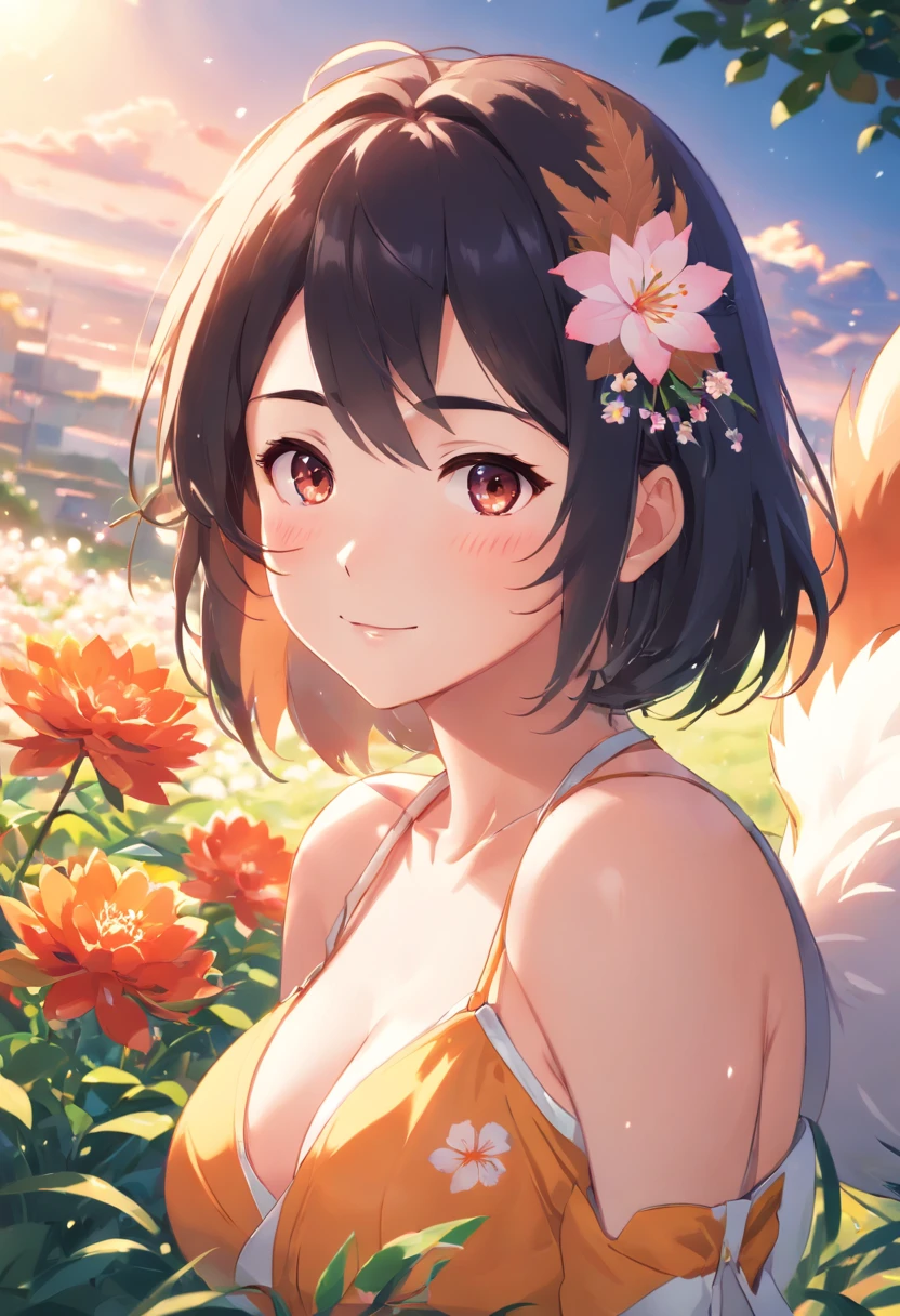 ((Best quality, 8K, Masterpiece: 1.4)),((Amazing detail: 1.3)),((illustration, Huge breasts: 1.2)),((High resolution1.1)),1girll,fox spirit,Kitsune,Long black hair,Fox ears,red hairband,flowers in head,wariza,Translucent bandeau top,Anime style,Manga,Sexy,exposed,Makeup,torogao,Seductive smile,eyes half closed,Simple background,mitts,Amazing art of painting,Colorful background,full bodyesbian,