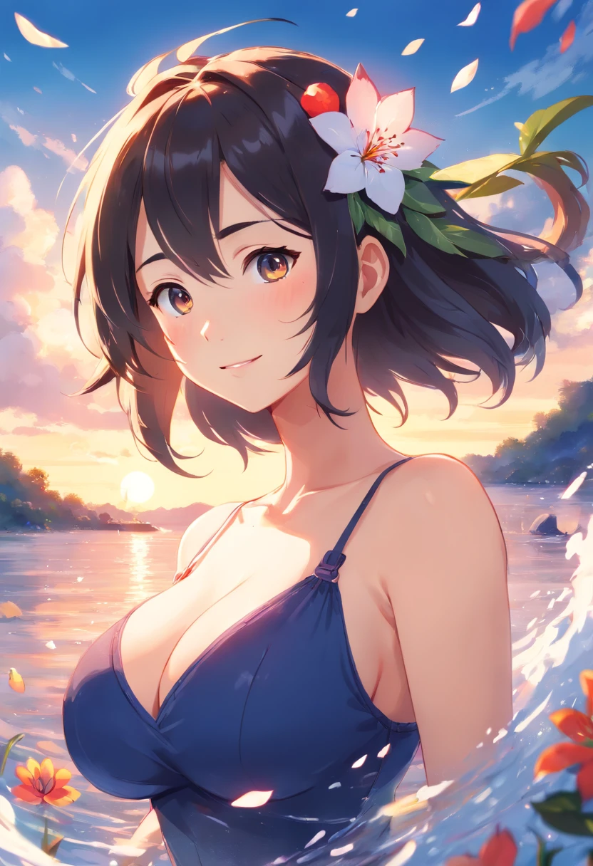 ((Best quality, 8K, Masterpiece: 1.4)),((Amazing detail: 1.3)),((illustration, Huge breasts: 1.2)),((High resolution1.1)),1girll,fox spirit,Kitsune,Long black hair,Fox ears,red hairband,flowers in head,wariza,Translucent bandeau top,Anime style,Manga,Sexy,exposed,Makeup,torogao,Seductive smile,eyes half closed,Simple background,mitts,Amazing art of painting,Colorful background,full bodyesbian,