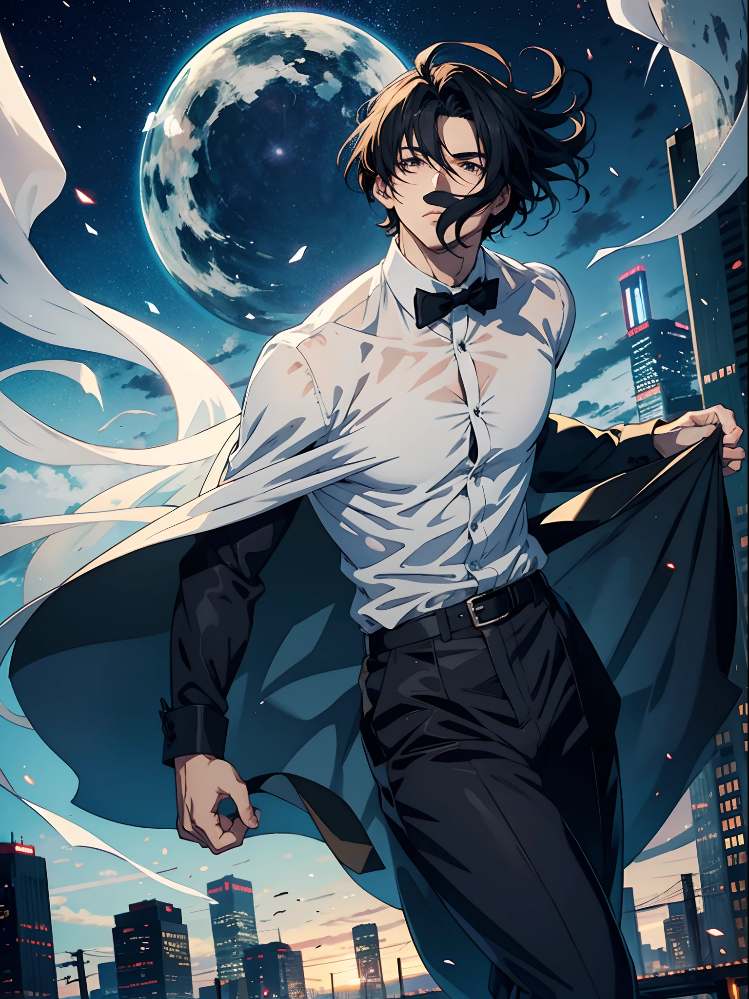 anime guy, handsome, dark hair, airy transparent fabric, ghost city