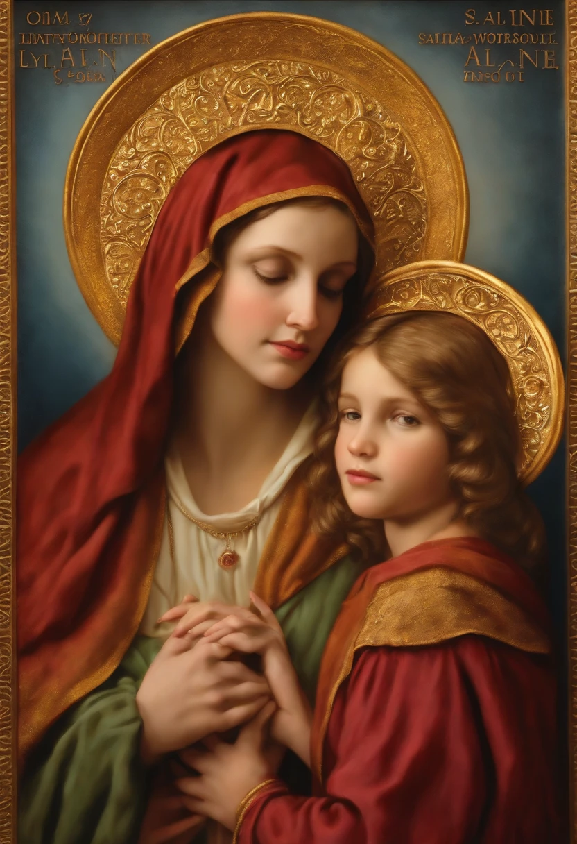 Creates an ultra realistic image. An image of Saint Anne. a holy woman looking affectionately at a girl.