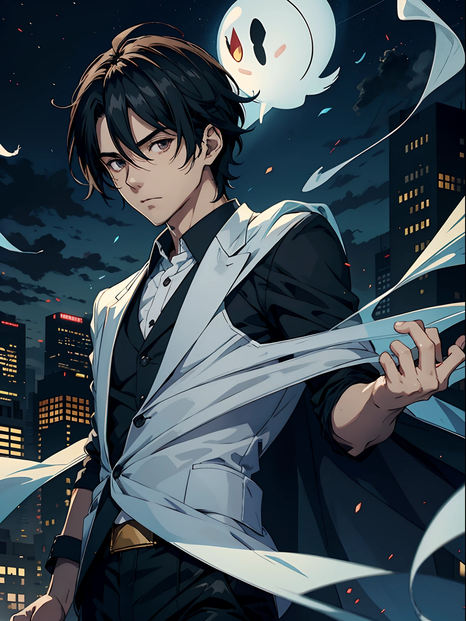 anime guy, handsome, dark hair, airy transparent fabric, ghost city