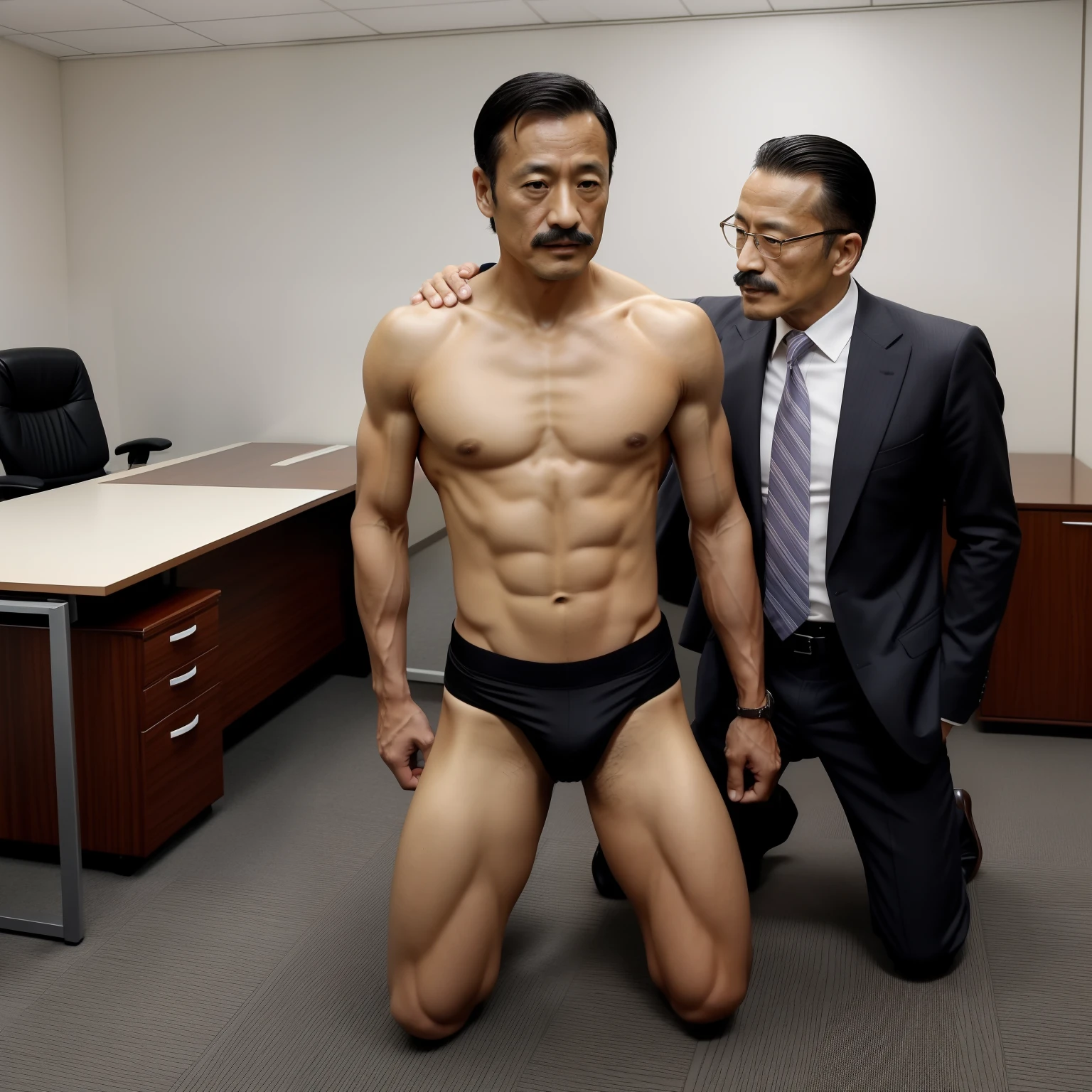 45 yers old,Hidetoshi Nakata ,(Kogoro Mouri 1.3),office room,Black socks,With a bushy mustache, Two muscular men kneel,Perfect body proportions,Strip naked,White tight panties,Hands behind your back