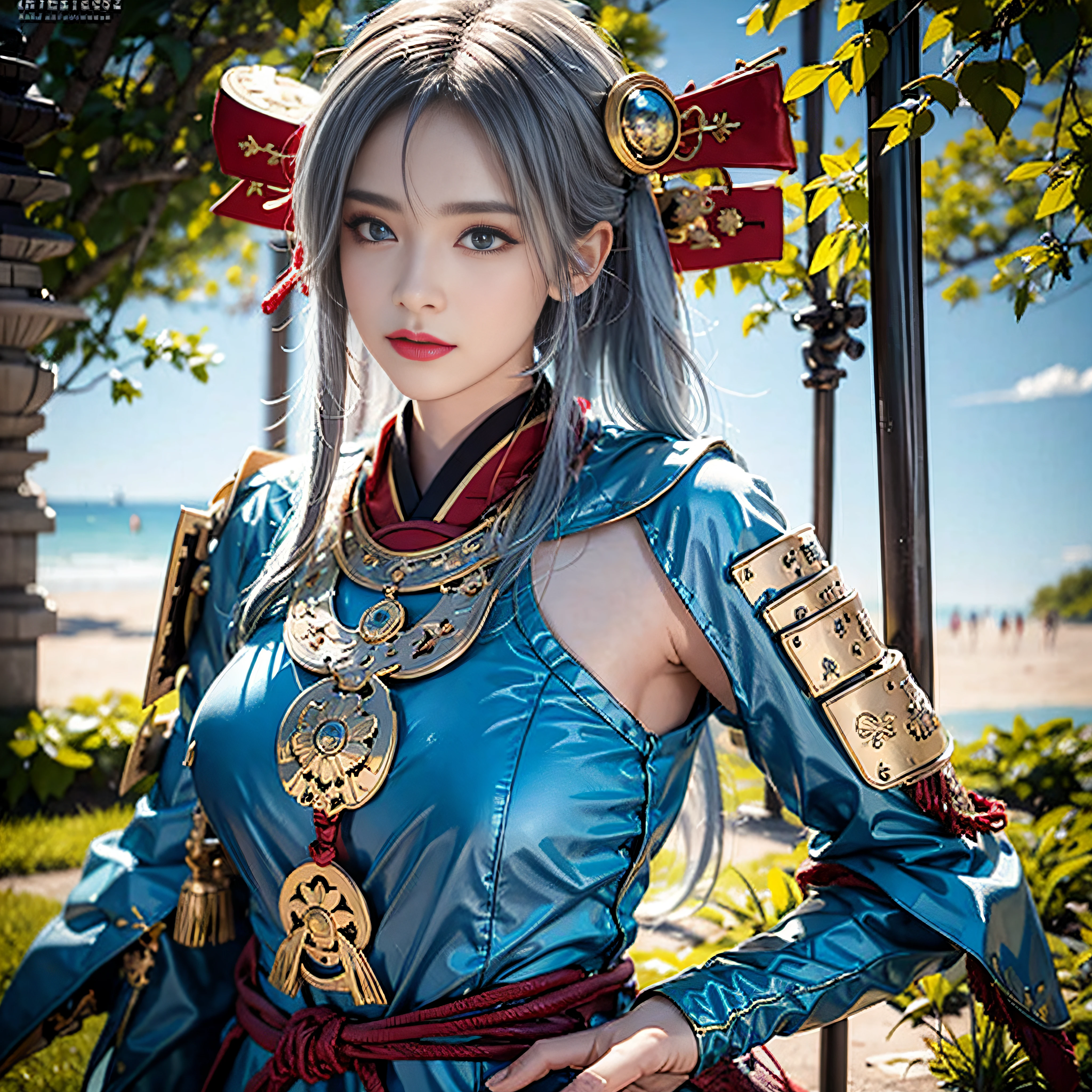 Photorealistic, masutepiece, Photorealistic, High resolution, Soft light, hips up high, Blue eyes, White hair, Long hair, Intricate details EABA, cloaks, spear, Samurai, armor, Japanese Katana Sword, Warrior, Samurai Helmet、beautiful anime woman, anime goddess, keqing from genshin impact, a beautiful fantasy empress、Japanese style costume huge udder Colossal tits