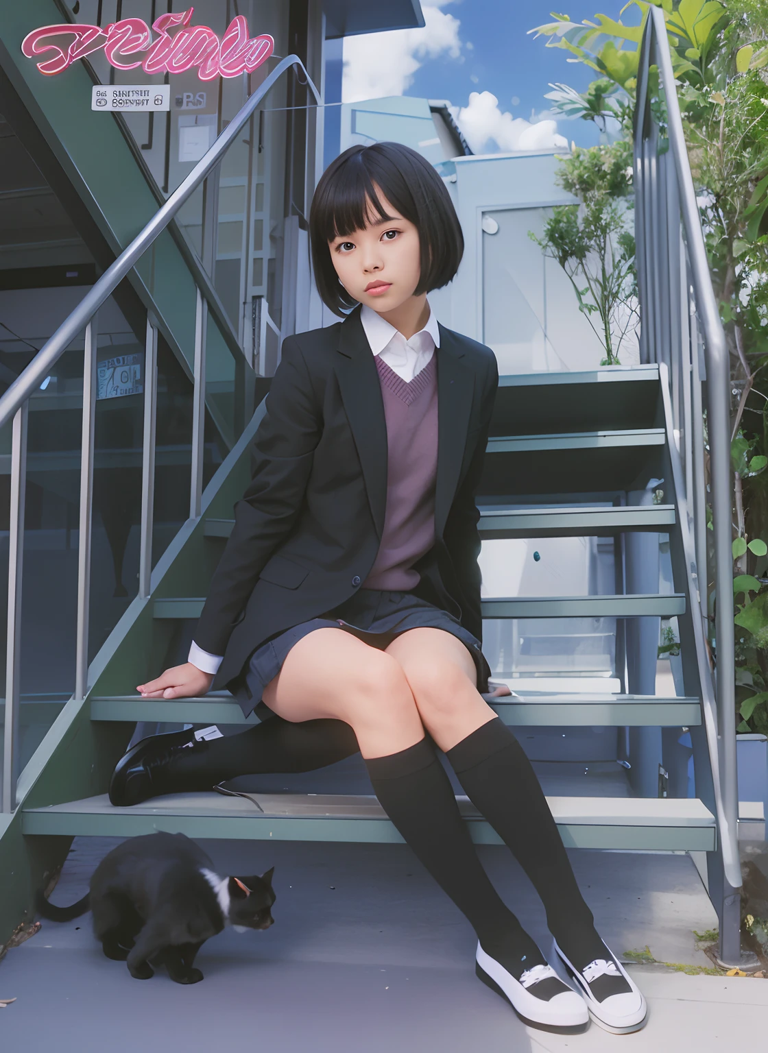 (best quality, master piece), perfect face an body, Chica sentada en las escaleras con un gato a su lado, Chica con un uniforme escolar negro, Hermosa chica de secundaria, black short hair,