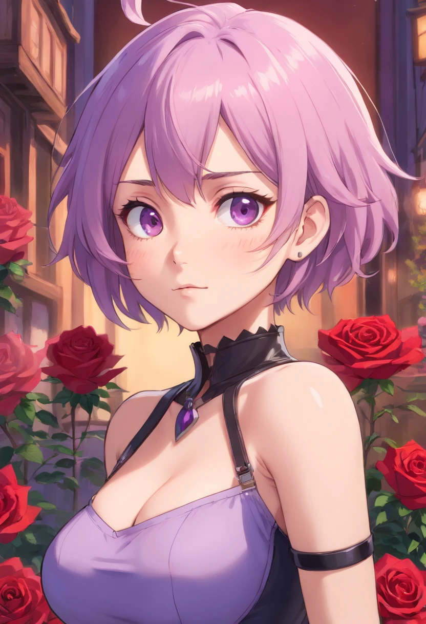 anime girl with a unique and memorable appearance. She has short, spiky lavender hair that gives her a somewhat rebellious look. Her eyes are a captivating shade of amethyst, often sparkling with curiosity. Mei's style is a mix of alternative and gothic fashion, with plenty of leather, dark colors, and punk accessories. She has a small tattoo of a rose on her right forearm. big boobs and naked