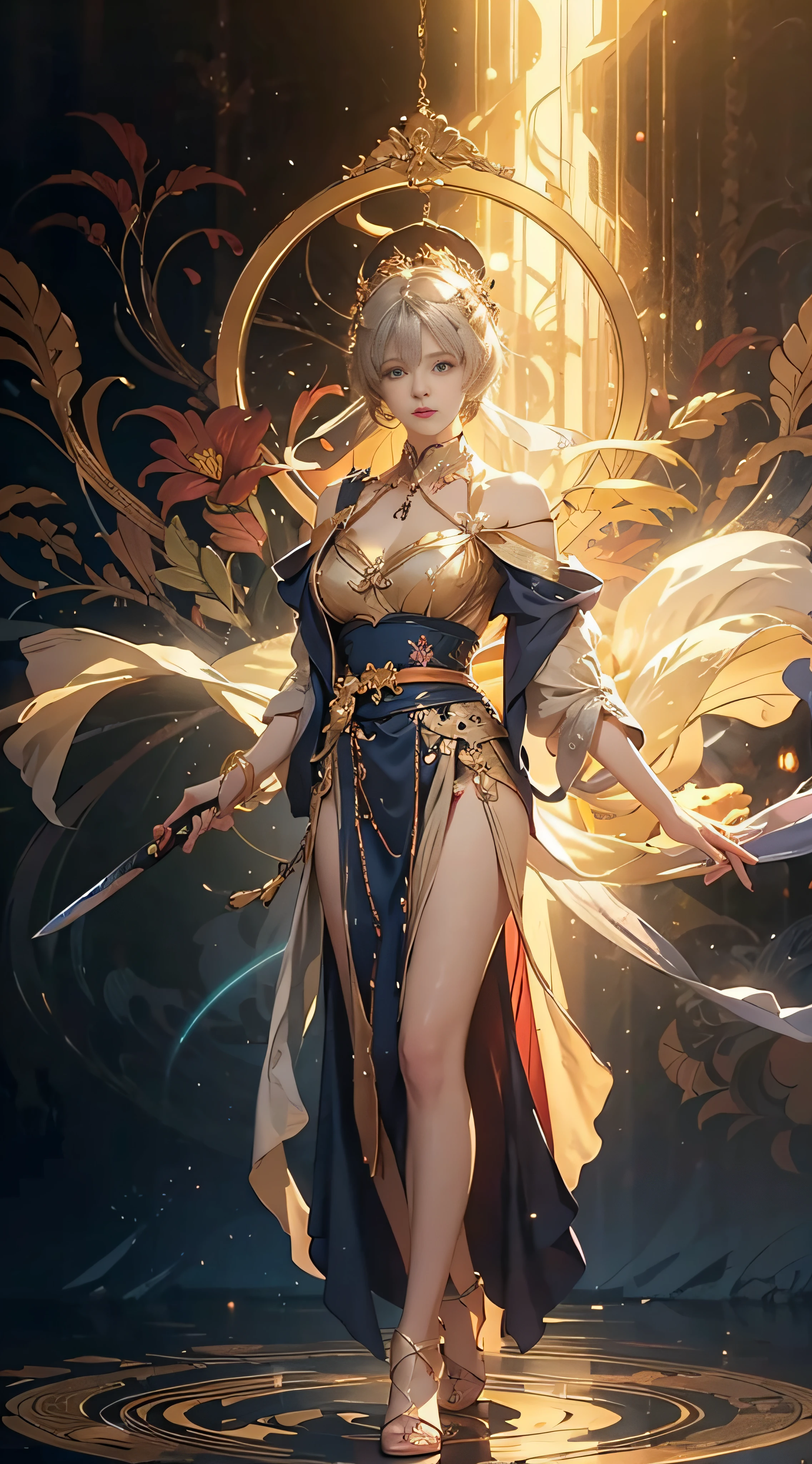 杰作，high qulity，8k壁紙，An elegant woman，The face is delicate，ear ring，whitish skirt，Sword in hand，Portrait of character，The popularity of CGsociety，Fantasy art，guviz style artwork，full body wuxia，epic exquisite character art