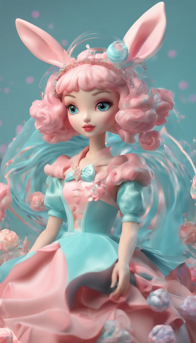 A girl, Tiffany blue hair, Tiffany blue hair, Short hair, (With metal rabbit ear headband: 1.2), full bodyesbian, (Exquisite features: 1.5), Wear a dreamy, surrealist frilled skirt, The color of the dress is a Tiffany blue and pink gradient, There are pink marshmallows around,Like coral, Dance on pink dotted with black butterflies, The overall ambient color is Tiffany, style of surrealism, artistic photograph, in wonderland, Tiffany's dream, Soft dreams, Transparent light, high-definition photography,