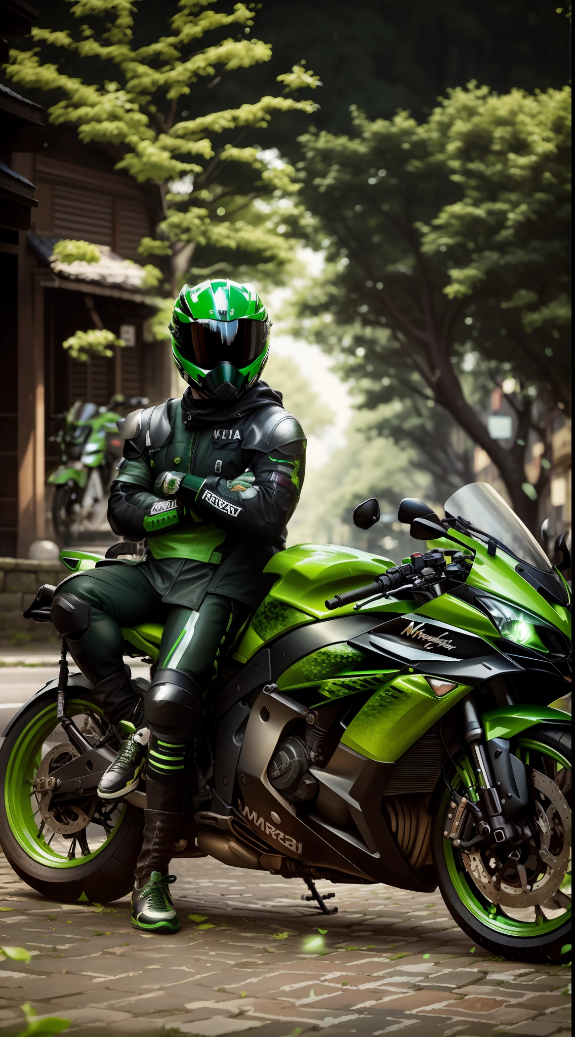 araffe sitting on a green motorcycle on a cobblestone road, portrait shot 8 k, wearing green armor and helmet, motorbiker, portrait shot, mk ninja, at racer track, biker, kawasaki, 🚿🗝📝, lonely rider, motorcycle, front profile!!!!, photoshot, kamen rider, portrait!!, #green, black and green, bokeh