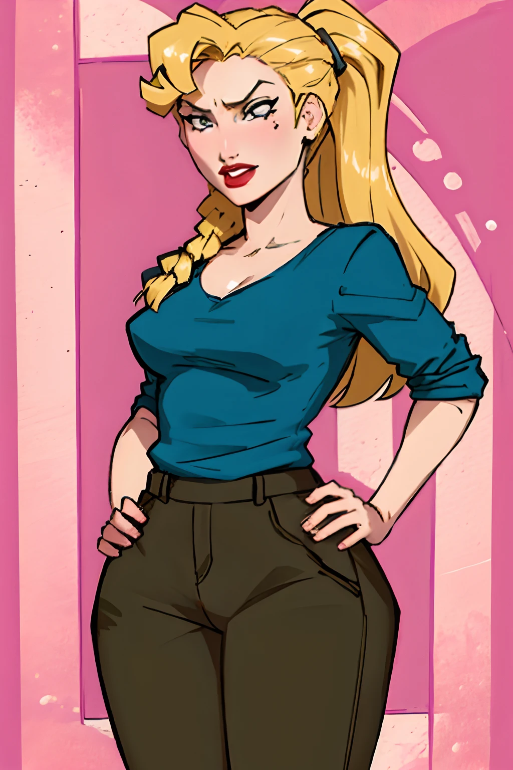 Helga, tiny white tand top, large breasts, brown pants, cave