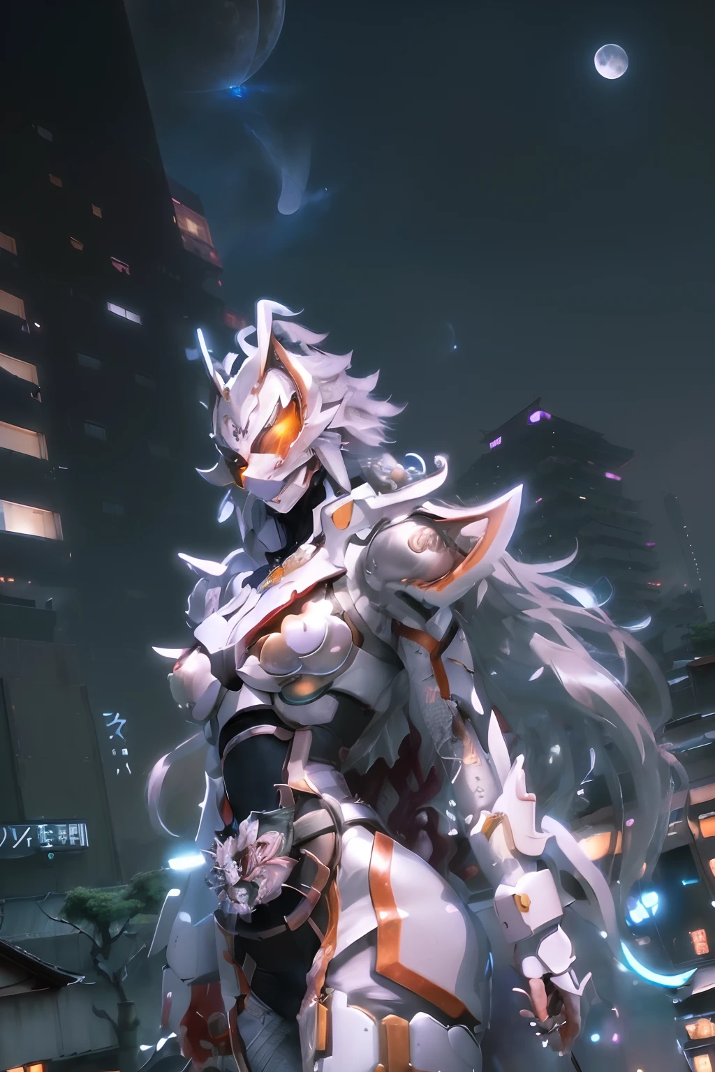 White Mask Suit Gate, Full body, 1girl in(slenderbody、well-shaped breasts、Chest exposure、Exposed waist、Long silver hair:1.5)Fighting stance, (Hair that flutters in the wind、disheveled hair:1.4)、Cyber Samurai.katanas.Background of Cyberpunk 2077, , Raw photo, Highest Quality, masutepiece, high-definition RAW color photography, professional photograpy, the Extremely Detailed CG Unity 8K Wallpapers, Photorealism, hight resolution, hyperdetails, Photorealistic, Best Quality, extremely delicate and beautiful illustration, Perfect Anatomy, Detailed eyes, (Eyes half closed), dynamic ungle 、Viewpoint from a low position(beautiful detailed background, Cyberpunk Kyoto、skyscraper、shrines、On the roof of a building、Posture looking down at the bottom of the building、Raise one hand up、Beautiful moonlit night:1.5) Cinematic Light, Brown eyes,