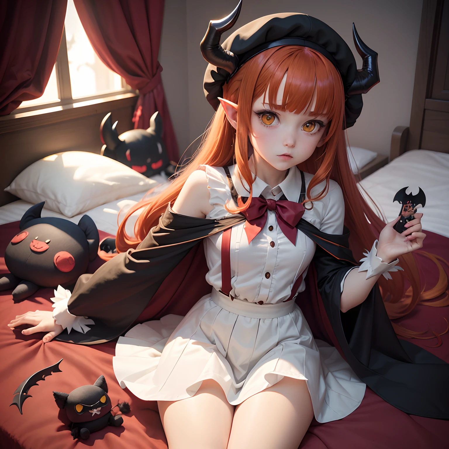 masutepiece, Best Quality, 1girl in, Solo, Yellow eyes, Red hair, tiny chest, Demon Girl, demon tail, Demon Wings, small demonic horns, pointy ear,Twin-tailed, Bat hair ornament, Cape, White shirt, White legwear, stuffed toy, plushies, beret, gloves, Bangs, hat