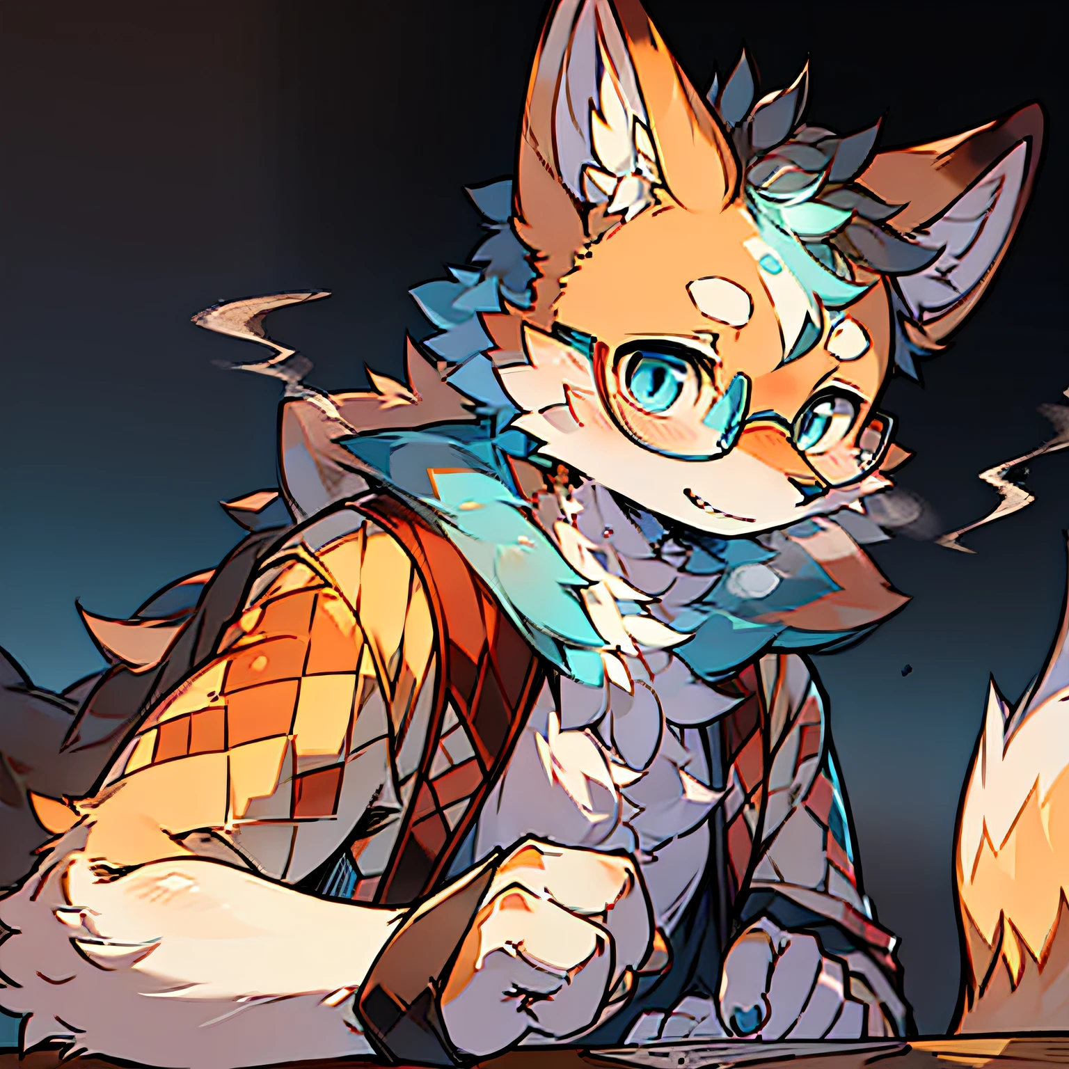 solo person,shaggy male,20-year-old homework,Medium build,Affectionate and natural,Innocent personality,Be wise,furry,fox,red fox,canid,Orange fur,blue colored eyes,Wearing glasses,The forehead has a "V" pattern,smokeing,Detective dress-up,detective