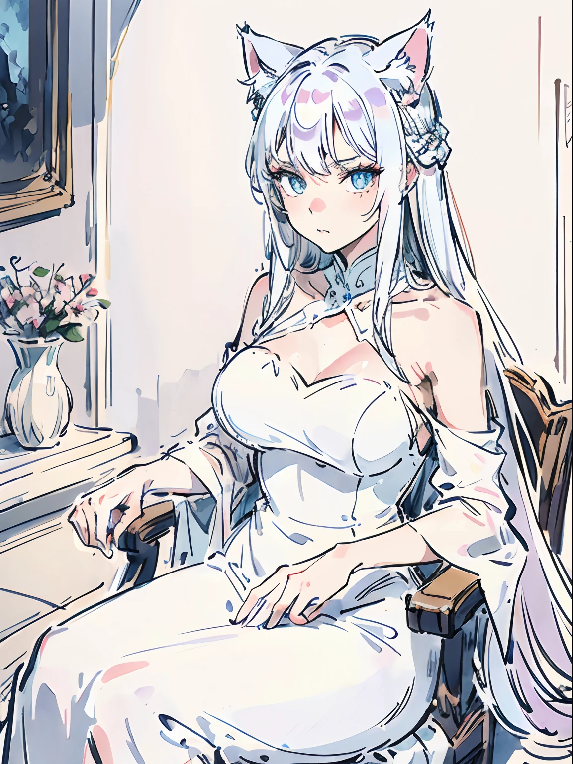 1woman, long white hair, blue eyes, cat ear, flat facial expression, cold gaze, languid, medium breast, wearing elegant white dress, beautiful, graceful, formal pose, sit on chair,