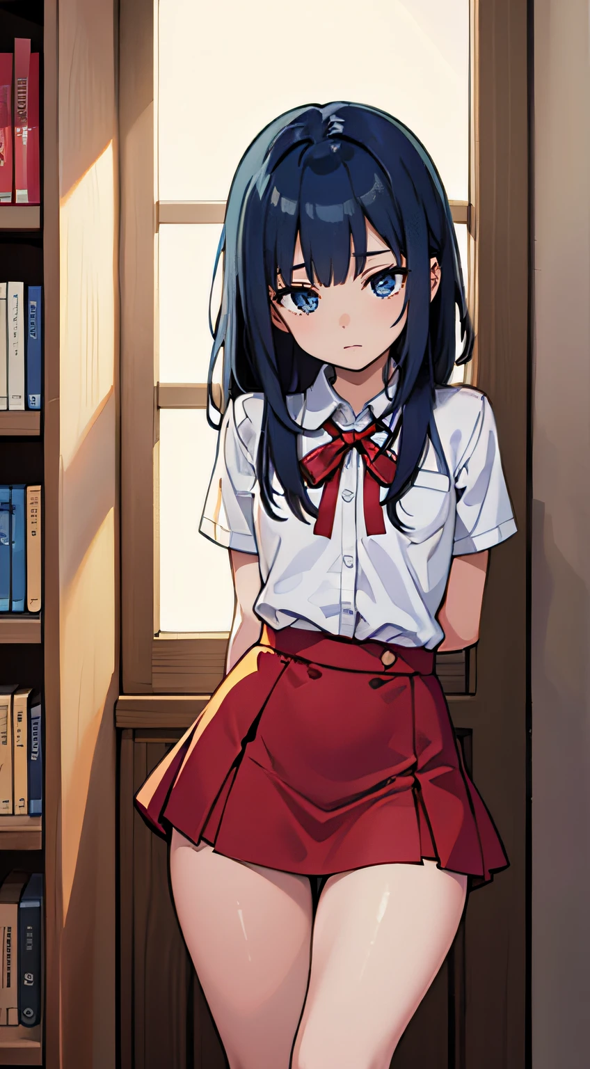 ((Masterpiece, Top Quality)), (Solo), distant view, narrow eyes, blue-colored hair, tips bouncing outward, flat chest, waist-length hair, flat chest, slim thighs, leaning against bookshelf, sleeping, calm mind, school uniform, red vest, beige skirt, long white shirt, blue ribbon across chest , tall, high school student, soft skin large dark blue eyes (very fine), evening, reference room, looking for books, lens flare, fine features, perfect anatomy, centered, perfect distance, very fine, complex, accurate and very fine, rich colors, rich colors, accurate, clean, rich colors, accurate, clean, clean rich colors Exquisite color, exquisite detail, golden ratio Illustration