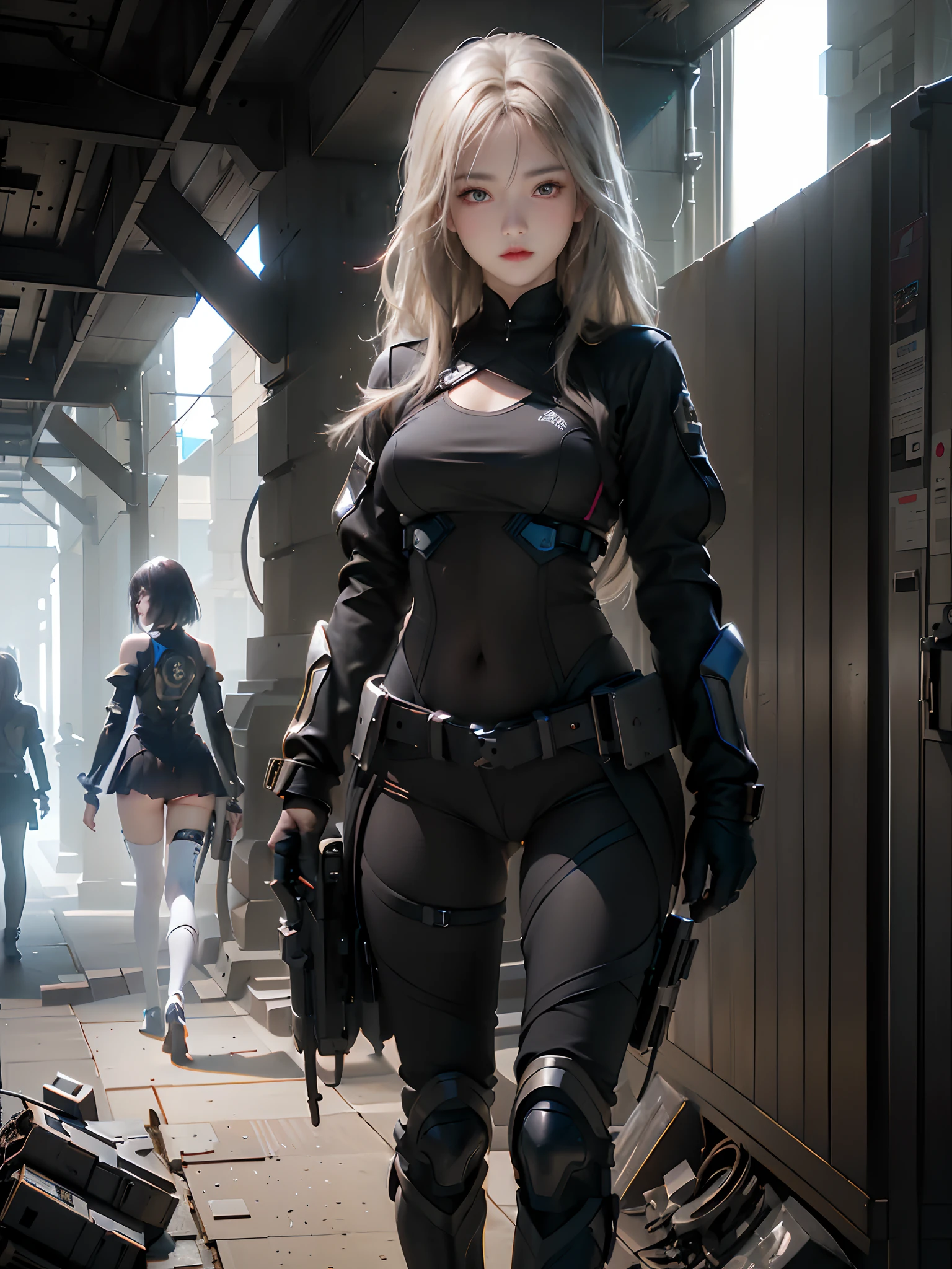 ((top-quality)), (((​masterpiece)), (detaileds: 1.4), 3D, Beautiful Cyberpunk Woman Image, bob cuts, Broken black tights, leather clothes, Electromechanical, nffsw(HighDynamicRange), Ray traching, NVIDIA RTX, Hyper-Resolution, Unreal 5, Sub-surface scattering, PBR Texture, Postprocess, Anisotropy Filtering, depth of fields, Maximum sharpness and acutance, Multilayer Texture, Albedo and Highlight Maps, Surface Coloring, Accurate simulation of light-material interactions, perfectly proportions、octane renderings、two tone lighting、Large aperture、Low ISO、White Balance、thirds rule、8K Raw、​masterpiece、top-quality、(8k extremely detailed CG unit wallpaper)(top-quality)、(The best illustrations)、(Best Shadows), innocent blue eyes, long hair, black haired, body swimsuit, poni hair