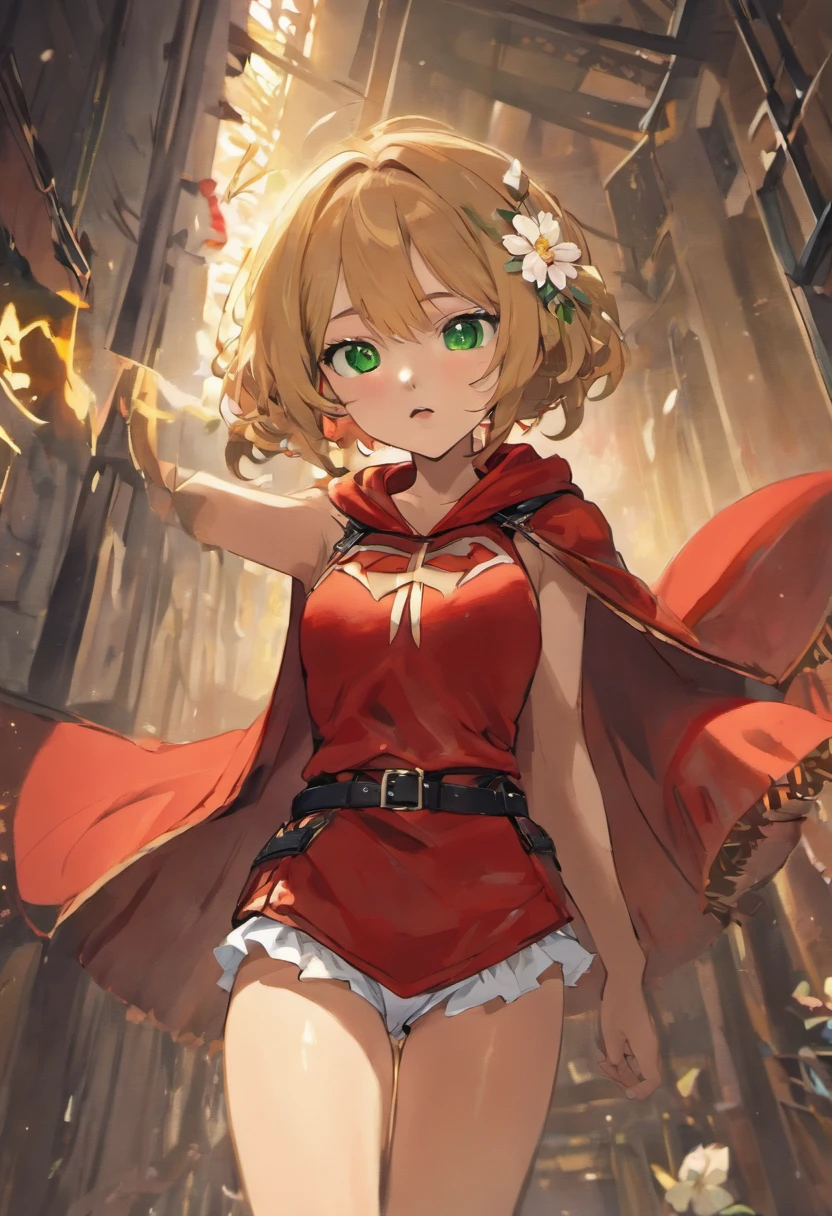 (masutepiece, Best Quality, 8K:1.37),  ((teens girl, Wear a red cloak, Wearing a red hood, White flower hair ornament, Green Bikini, Leather shorts, Belt bag, Round green eyes, Light brown medium hair:1.4)), ((Follow the Big Red Wolf)),  1 girl, Wavy Hair, (Smaller chest) Same as, ((Have a wooden flute:1.3)), jrpg character art,Extreme close-up