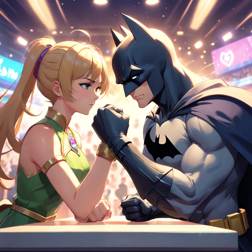 a perfect art of Batman betting arm wrestling with the character Lux from the game league of legends, serious expressions, well-defined muscles, Sombras realistas, incredible details, perfect hands.