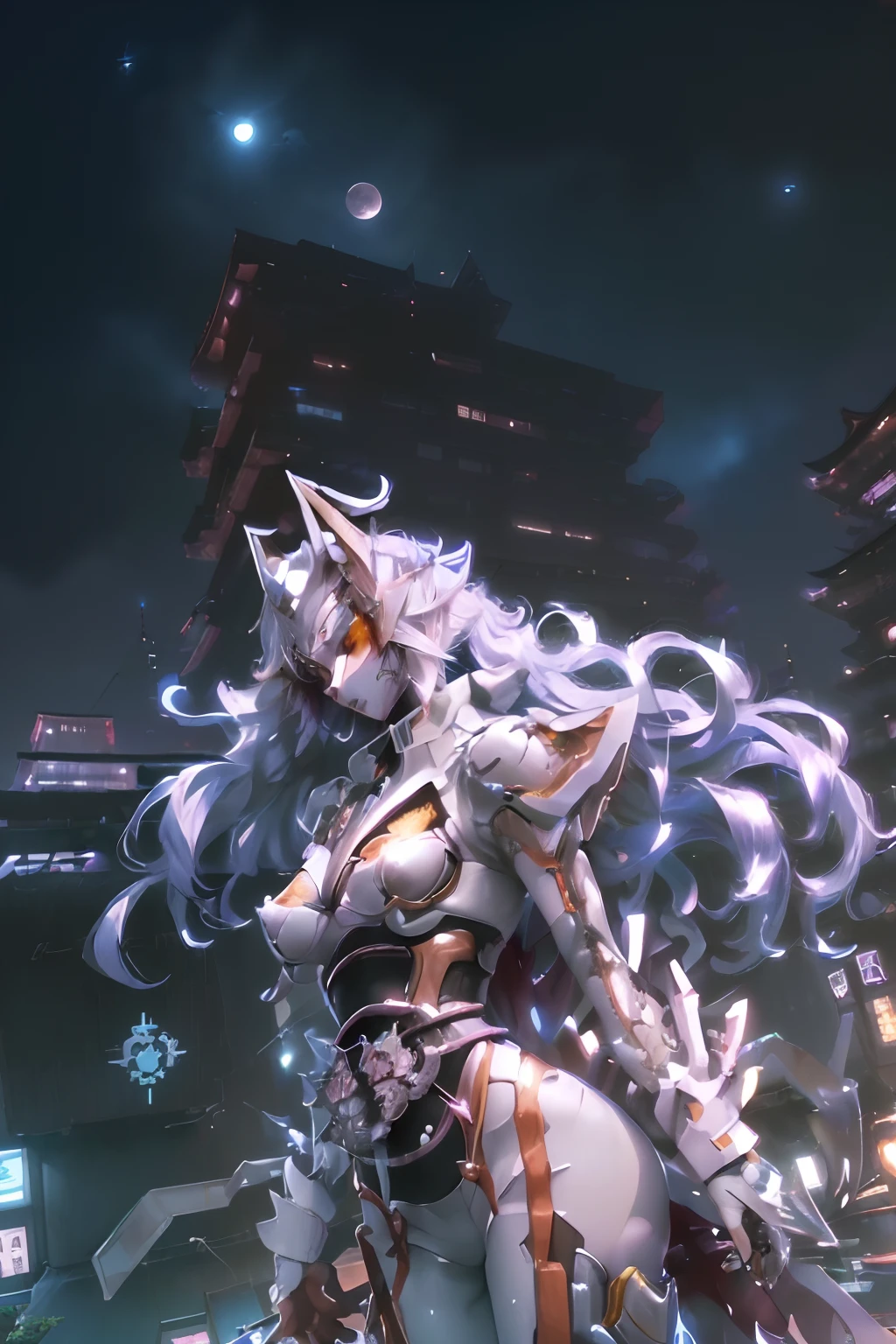 White Mask Suit Gate, Full body, 1girl in(slenderbody、well-shaped breasts、Chest exposure、Exposed waist、Long silver hair:1.5)Fighting stance, (Hair that flutters in the wind、disheveled hair:1.4)、Cyber Samurai.katanas.Background of Cyberpunk 2077, , Raw photo, Highest Quality, masutepiece, high-definition RAW color photography, professional photograpy, the Extremely Detailed CG Unity 8K Wallpapers, Photorealism, hight resolution, hyperdetails, Photorealistic, Best Quality, extremely delicate and beautiful illustration, Perfect Anatomy, Detailed eyes, (Eyes half closed), dynamic ungle 、Viewpoint from a low position(beautiful detailed background, Cyberpunk Kyoto、skyscraper、shrines、On the roof of a building、Posture looking down at the bottom of the building、Raise one hand up、Beautiful moonlit night:1.5) Cinematic Light, Brown eyes,