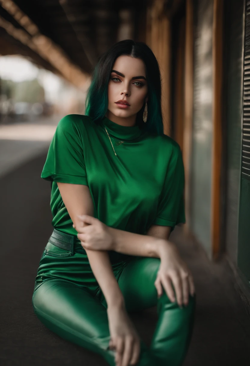 Beautiful girl looks like Billie Eilish, sexy Figur, sexy Pose, Hot clothes, green and black hair, beauty face, in der stadt