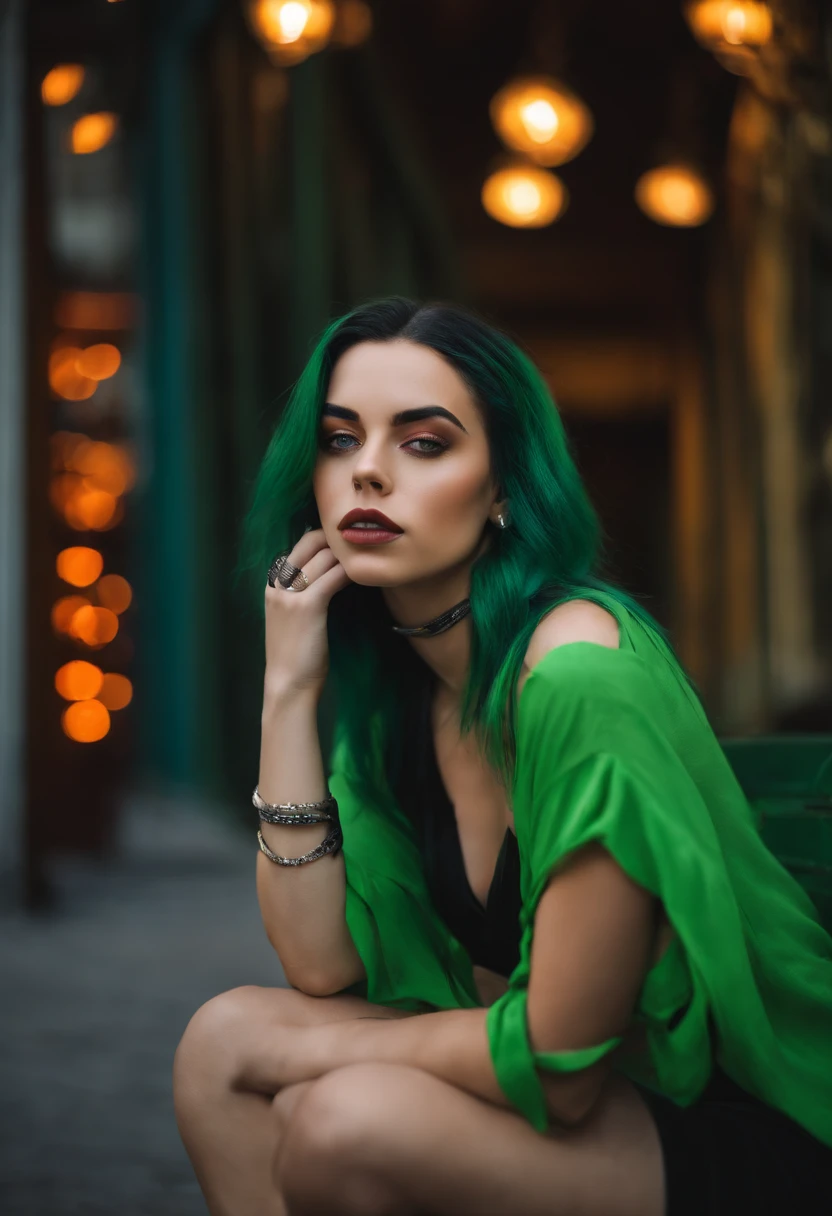 Beautiful girl looks like Billie Eilish, sexy Figur, sexy Pose, Hot clothes, green and black hair, beauty face, in der stadt