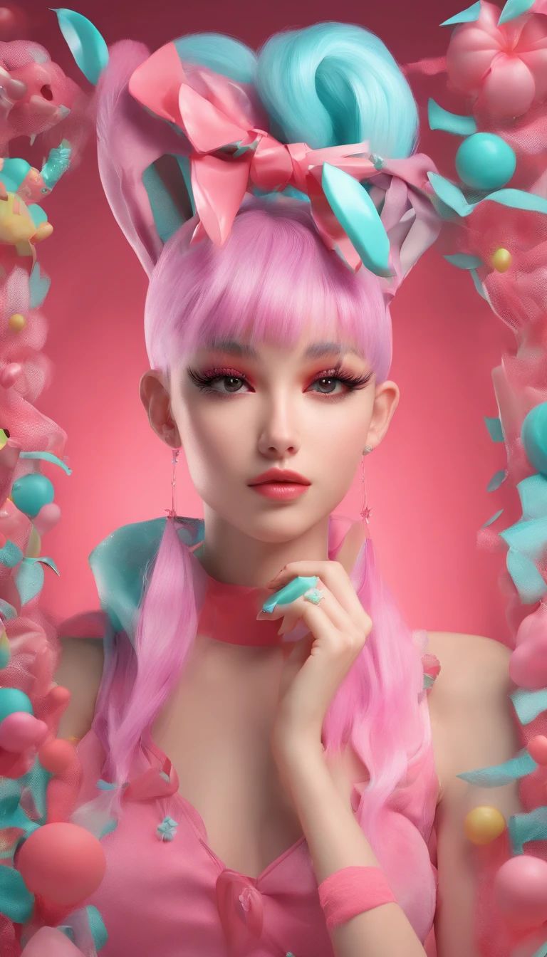 A girl, Tiffany blue hair, Tiffany blue hair, Short hair, (With metal rabbit ear headband: 1.2), full bodyesbian, (Exquisite features: 1.5), Put on fantastic clothes, Surrealist frilled skirt, The color of the dress is Tiffany blue and pink gradient, There are pink marshmallows around,Like coral, Dance on pink dotted with black butterflies, The overall ambient color is Tiffany, style of surrealism, artistic photograph, in wonderland, Tiffany's dream, Soft dreams, Transparent light, high-definition photography,