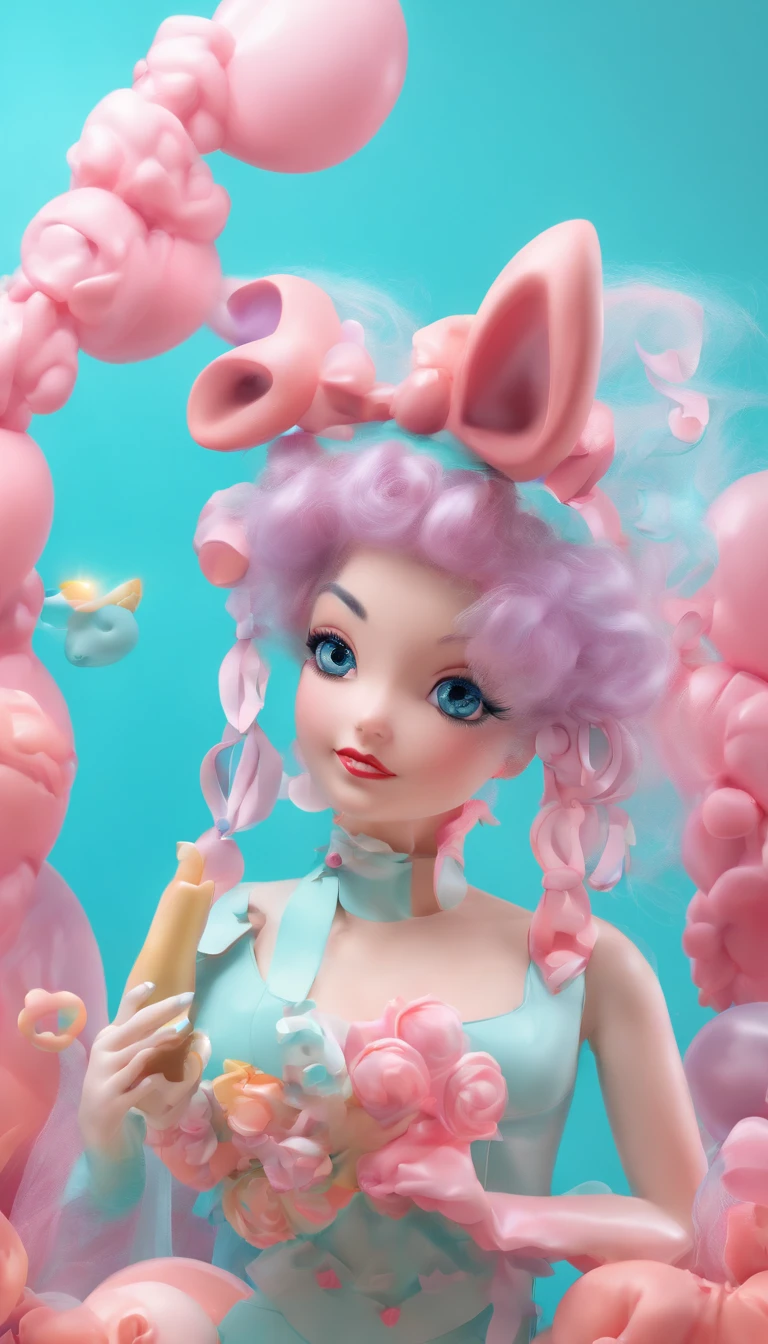 A girl, Tiffany blue hair, Tiffany blue hair, Short hair, (With metal rabbit ear headband: 1.2), full bodyesbian, (Exquisite features: 1.5), Put on fantastic clothes, Surrealist frilled skirt, The color of the dress is Tiffany blue and pink gradient, There are pink marshmallows around,Like coral, Dance on pink dotted with black butterflies, The overall ambient color is Tiffany, style of surrealism, artistic photograph, in wonderland, Tiffany's dream, Soft dreams, Transparent light, high-definition photography,