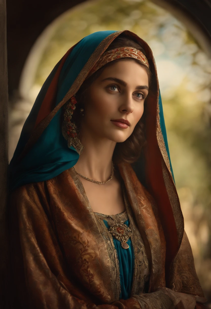 Uma mulher branca, with headscarf, vestes da epoca de Cristo. The woman is looking gently at a girl. imagem ultra realista
