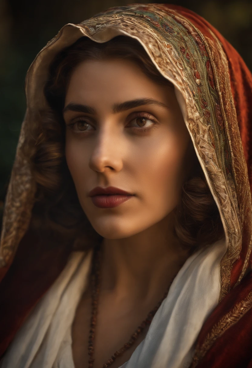 Uma mulher branca, with headscarf, vestes da epoca de Cristo. The woman is looking gently at a girl. imagem ultra realista
