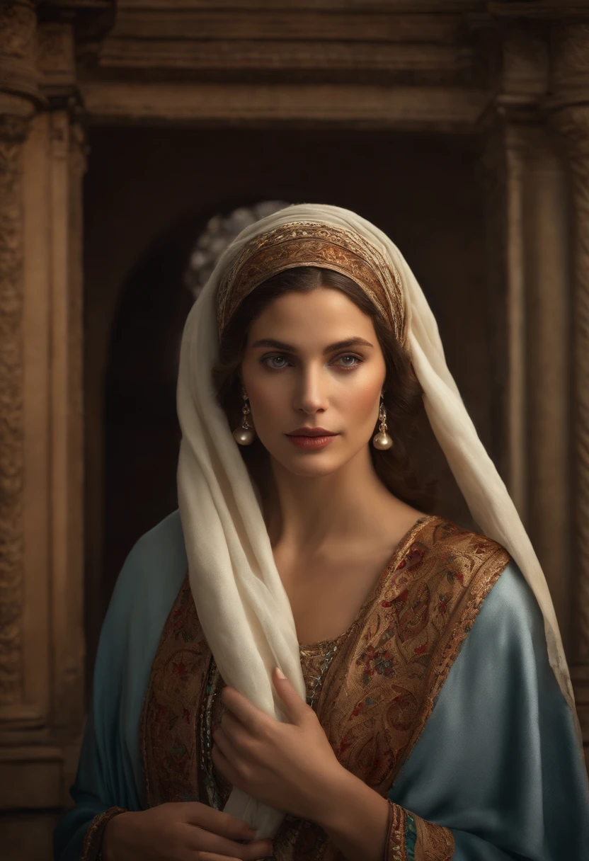 Uma mulher branca, with headscarf, vestes da epoca de Cristo. The woman is looking gently at a girl. imagem ultra realista
