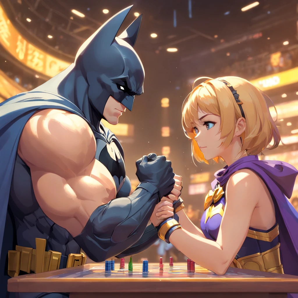 a perfect art of Batman betting arm-wrestling with the character Lux from the game League of Legends, Serious and concerned Batman, Lux rindo, Light gaining arm drop, well-defined muscles, Sombras realistas, incredible details, perfect hands.