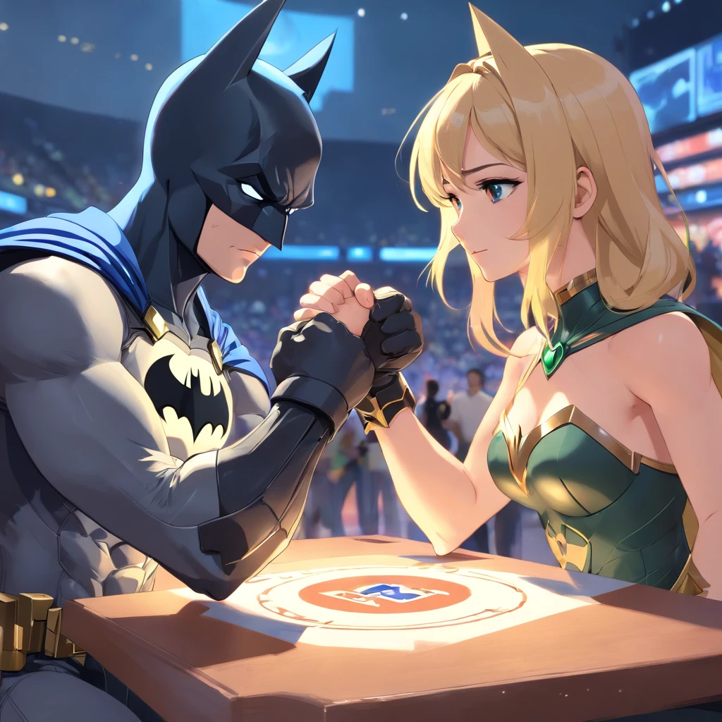 a perfect art of Batman betting arm-wrestling with the character Lux from the game League of Legends, Serious and concerned Batman, Lux rindo, Light gaining arm drop, well-defined muscles, Sombras realistas, incredible details, perfect hands.