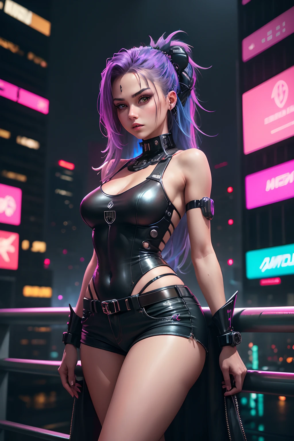 Create an alluring and striking cyberpunk scene featuring a captivating young woman who seamlessly blends human and cyborg elements. She stands confidently amidst the neon-lit cityscape, radiating a seductive yet enigmatic aura. The girl possesses a perfect fusion of human beauty and cybernetic enhancements. Her face displays a mix of human vulnerability and cybernetic enhancements, with subtle metallic accents and neon-colored lines that highlight her features.
She's dressed in a rebellious yet stylish ensemble: denim shorts that accentuate her long, slender legs, and a loose tank top that reveals just enough to exude sensuality. The tank top should also have subtle neon trims that match the city's vibrant glow. Her hair flows in an unconventional but captivating style, with cybernetic enhancements peeking through her lustrous locks.
The cityscape behind her is a futuristic blend of towering skyscrapers, holographic billboards, and bustling streets bathed in the neon glow of advertisements. Reflective surfaces and rain-slicked streets add to the atmospheric cyberpunk feel.
The challenge is to capture the duality of her existence – both human and machine – in a way that's captivating and provocative. She should exude confidence and allure, inviting viewers into the intriguing world of cyberpunk where technology and humanity intertwine.