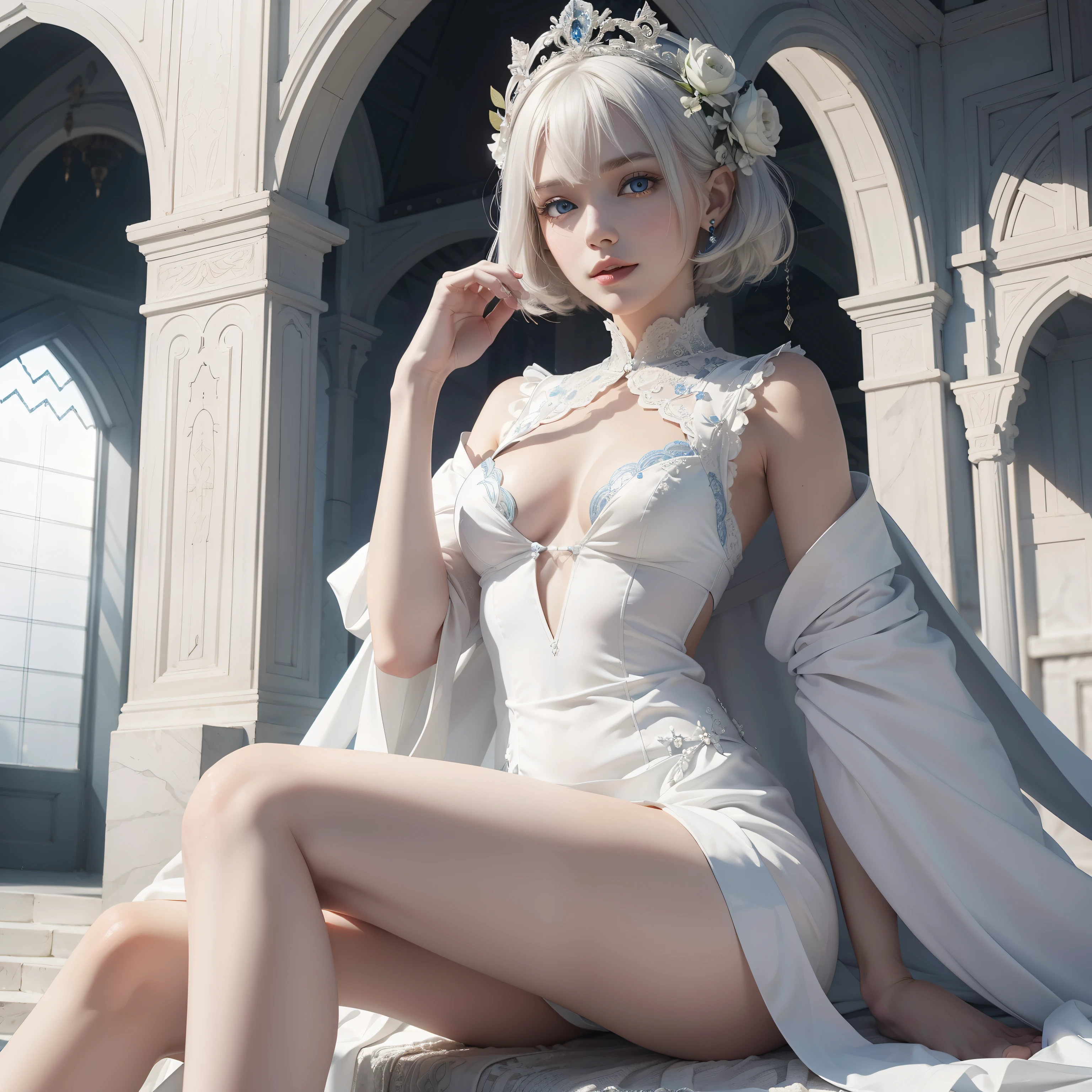 Palace of Heaven,White goddess blue eyes in human shape、beautiful body of a flower of a very attractive age with white pubic hair,,,,,White Isekai Dress,short-hair,A smile,,Skinny Legs,