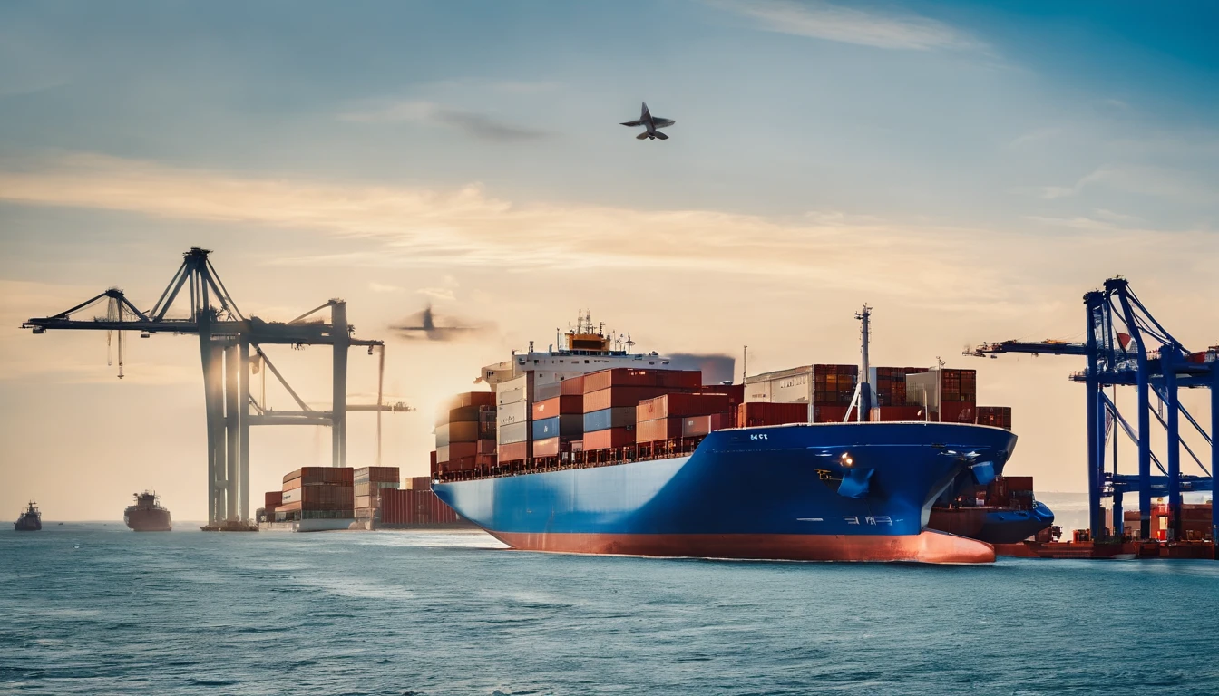 (aerial top view,high altitude),container ship, (vital link:1.1,essential part,crucial element, fundamental component), (global business logistics,international business logistics,worldwide business logistics,global trade,global logistics), (freight shipping:1.1, cargo shipping, goods transportation), (import:1.1,imports,importation), (export:1.1,exports,exportation), (international trade:1.1,international commerce,world trade), (vast ocean,expansive sea,widening water), (endless horizon,boundless horizon,limitless horizon), (deep blue water,deep azure water,deep indigo water), (shipping containers,large containers,cargo containers), (busy harbor,active port,bustling port), (crane operations,loading and unloading activities,container handling operations), (efficiency:1.1,efficient operation,productive workflow), (ship crew,cargo ship crew,shipping crew), (crisp waves,clean waves,cristal-clear waves), (majestic view,spectacular view,stunning view), (busy shipping route,active shipping route,bustling shipping route), (blue sky,clear sky,sunny sky), (seagulls,white seagulls,flying seagulls), (shipping industry,cargo shipping industry,maritime industry), (navigating through the waves,cruising through the ocean,sailing through the sea), (modern transportation,efficient transportation,state-of-the-art transportation), (shipping trade hub,bustling trade hub,vibrant trade hub), (international connection,global connection,worldwide connection), (logistic operation,efficient logistic operation,smooth logistic operation), (massive ship,huge ship,giant ship), (momentum,bustling activity,lively environment), (vitality,energy,buzz of activity), (worldwide economic growth,global economic growth,international economic growth), (freight services, cargo services,shipping services), (global supply chain,worldwide supply chain,international supply chain), (economic development,commercial development,trade development), (international collaboration,global collaboration,worldwide collabo